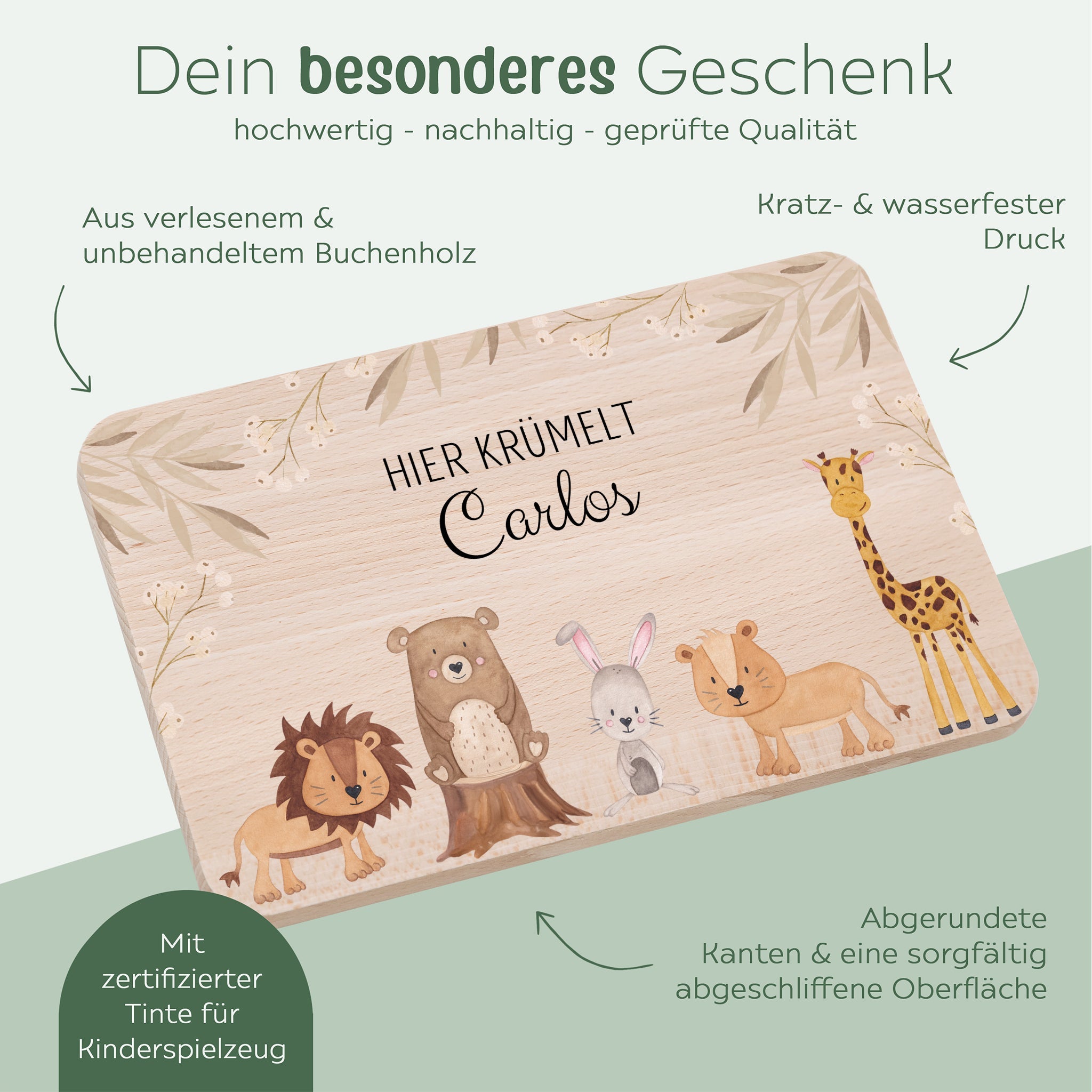 Frühstücksbrettchen personalisiert - Tiere Zweige beige Aquarell - wunderwunsch