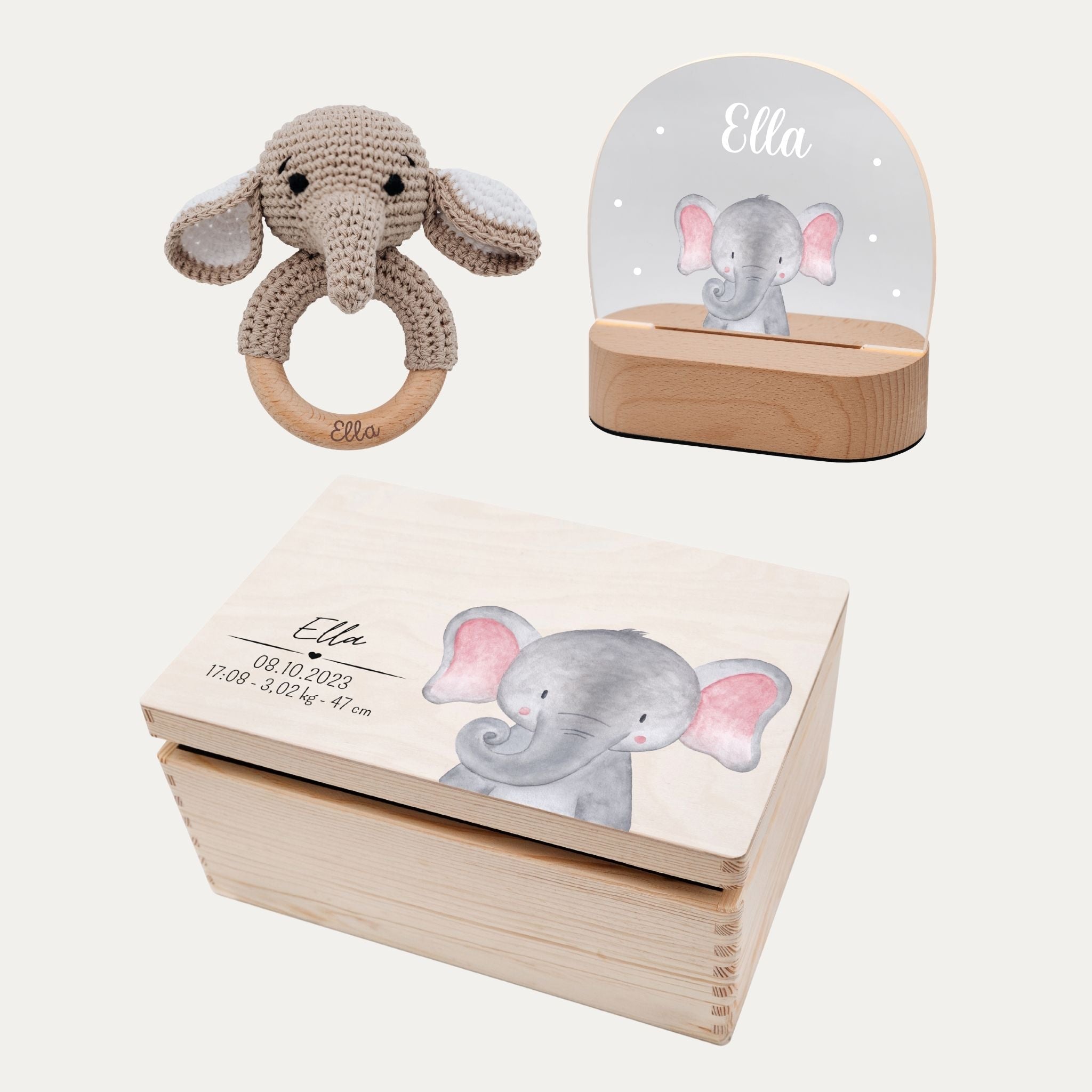 Geburts - Bundle - Erinnerungsbox Holz + LED Nachtlicht + Greifling personalisiert - Tier Aquarell - wunderwunsch