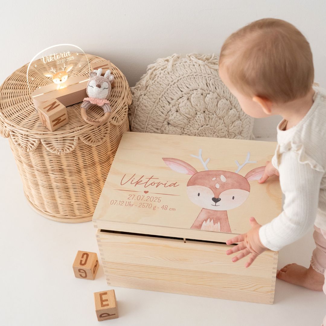 Geburts - Bundle - Erinnerungsbox Holz + LED Nachtlicht + Greifling personalisiert - Tier Aquarell - wunderwunsch