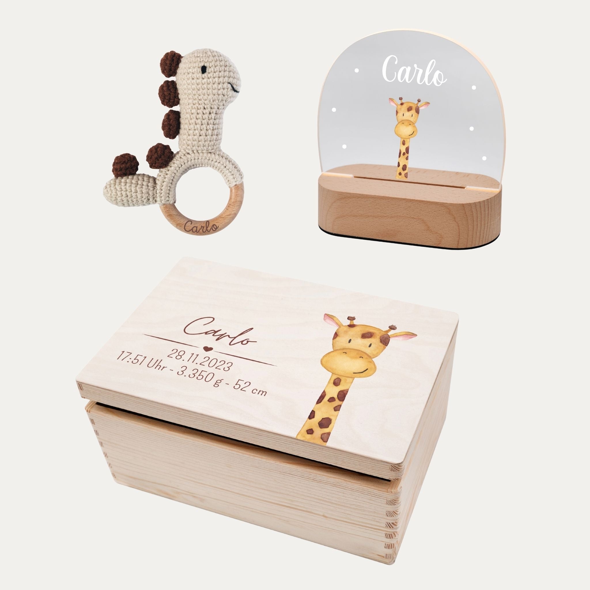Geburts - Bundle - Erinnerungsbox Holz + LED Nachtlicht + Greifling personalisiert - Tier Aquarell - wunderwunsch