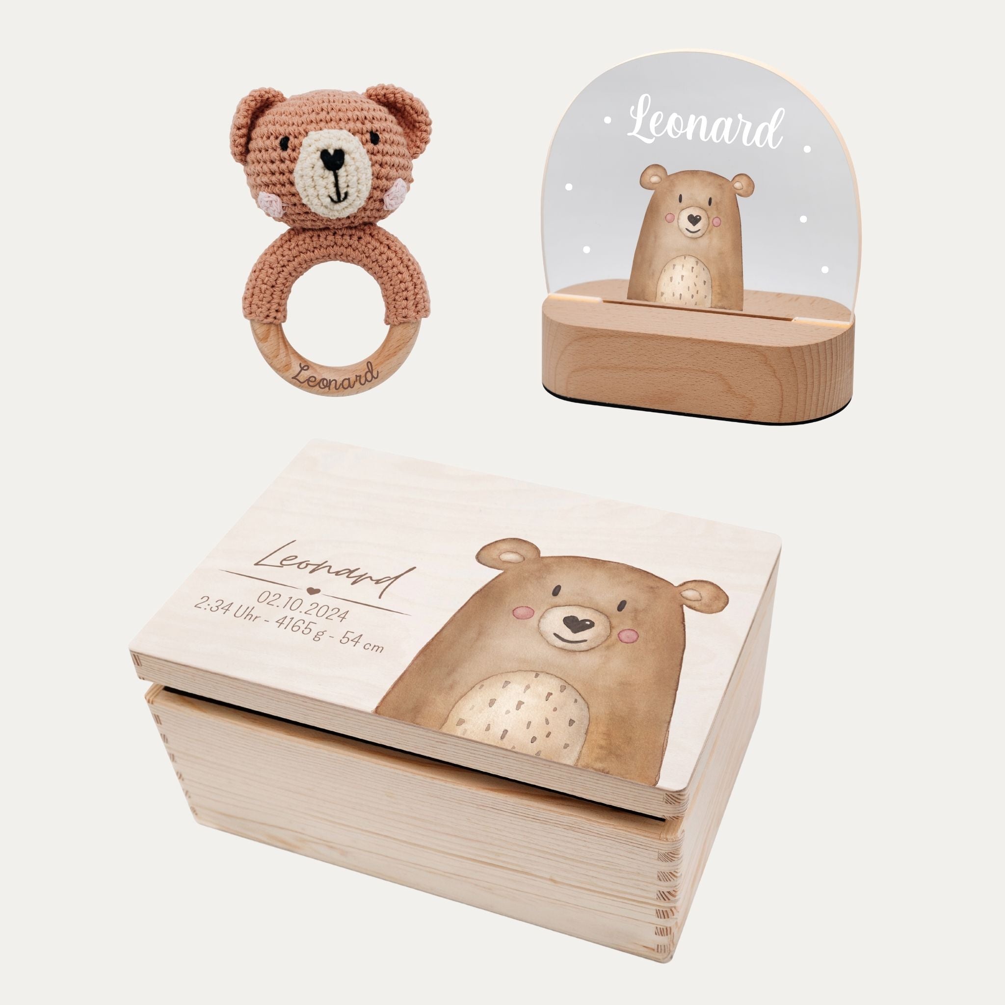 Geburts - Bundle - Erinnerungsbox Holz + LED Nachtlicht + Greifling personalisiert - Tier Aquarell - wunderwunsch