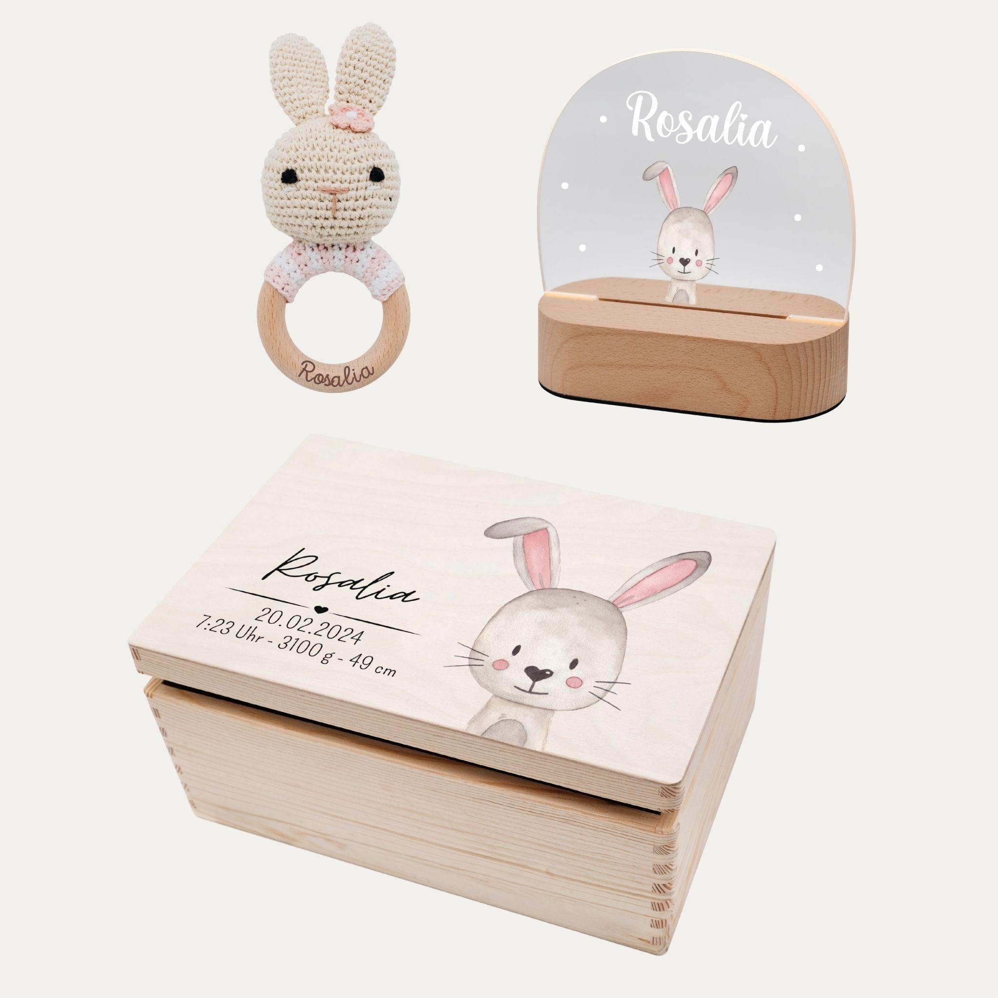 Geburts - Bundle - Erinnerungsbox Holz + LED Nachtlicht + Greifling personalisiert - Tier Aquarell - wunderwunsch