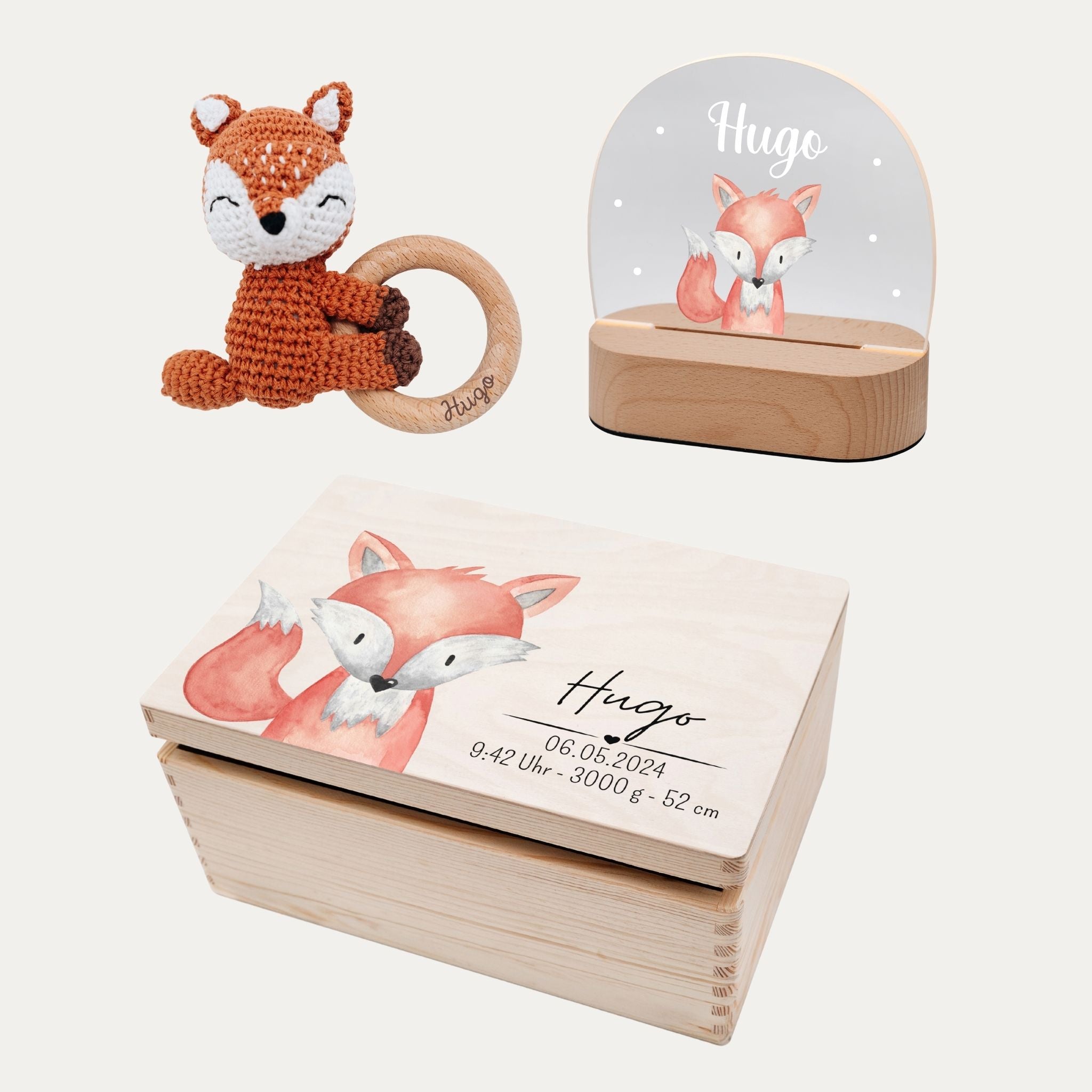 Geburts - Bundle - Erinnerungsbox Holz + LED Nachtlicht + Greifling personalisiert - Tier Aquarell - wunderwunsch
