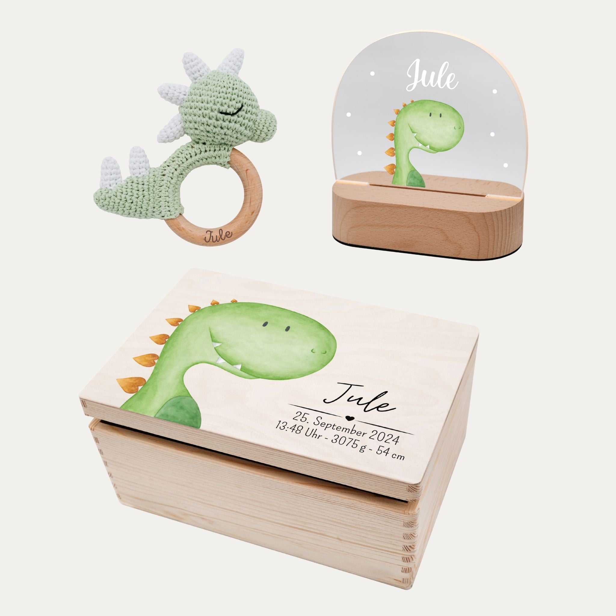 Geburts - Bundle - Erinnerungsbox Holz + LED Nachtlicht + Greifling personalisiert - Tier Aquarell - wunderwunsch