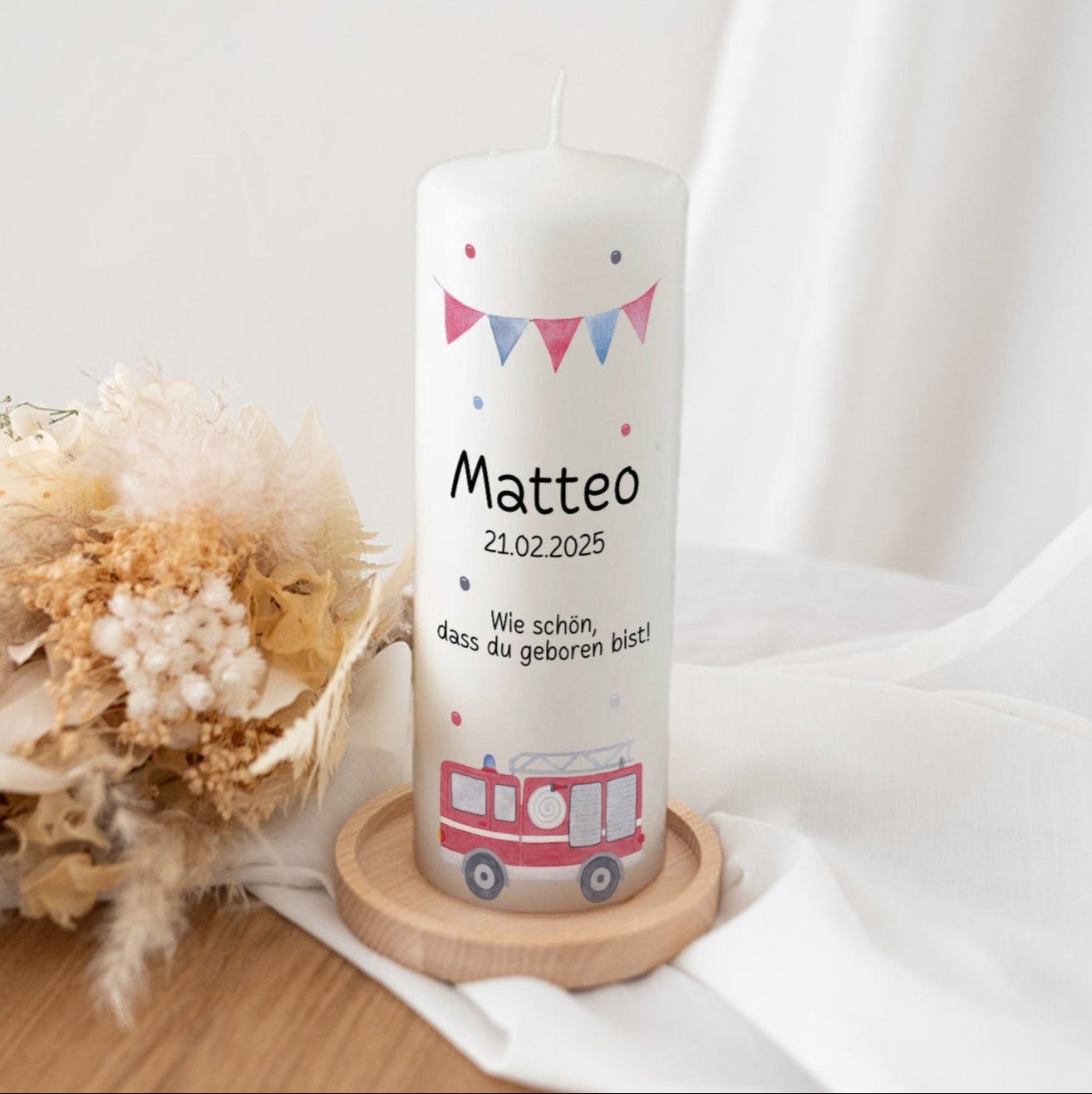 Geburtskerze personalisiert - Feuerwehr Aquarell - wunderwunsch