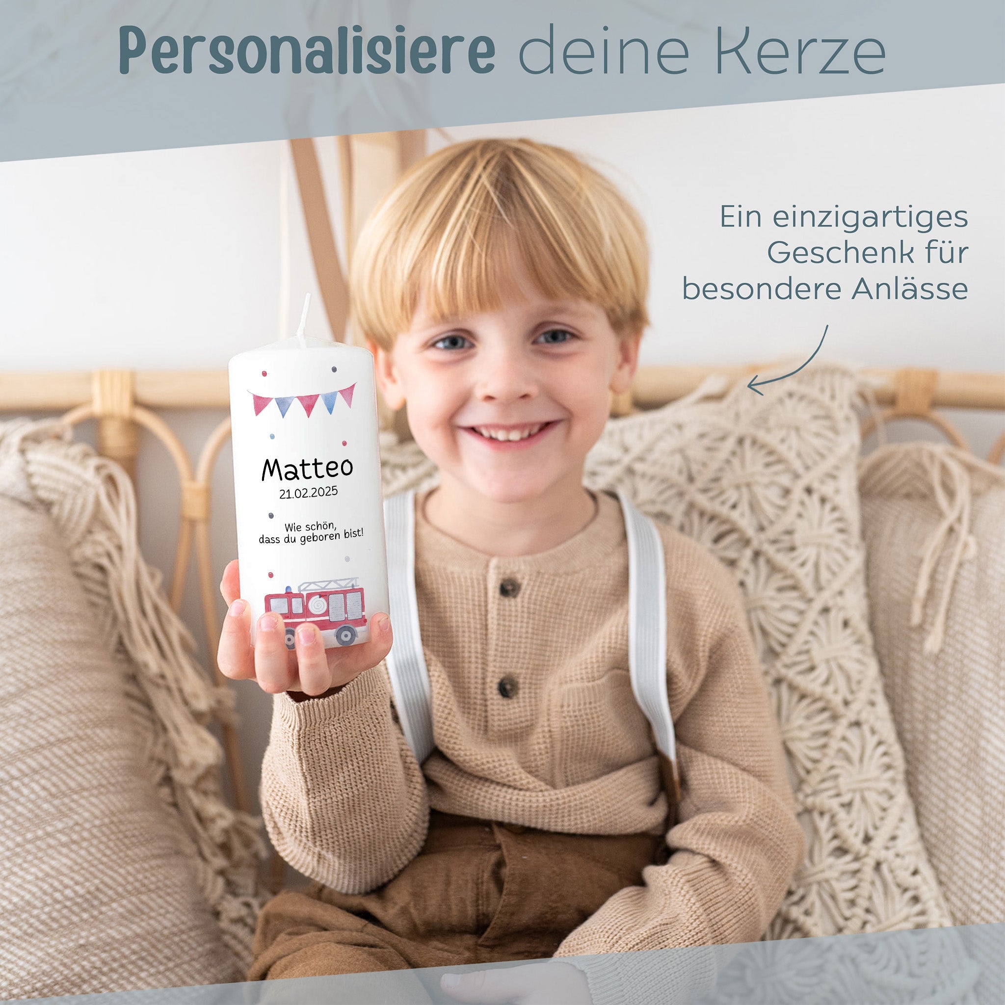 Geburtskerze personalisiert - Feuerwehr Aquarell - wunderwunsch