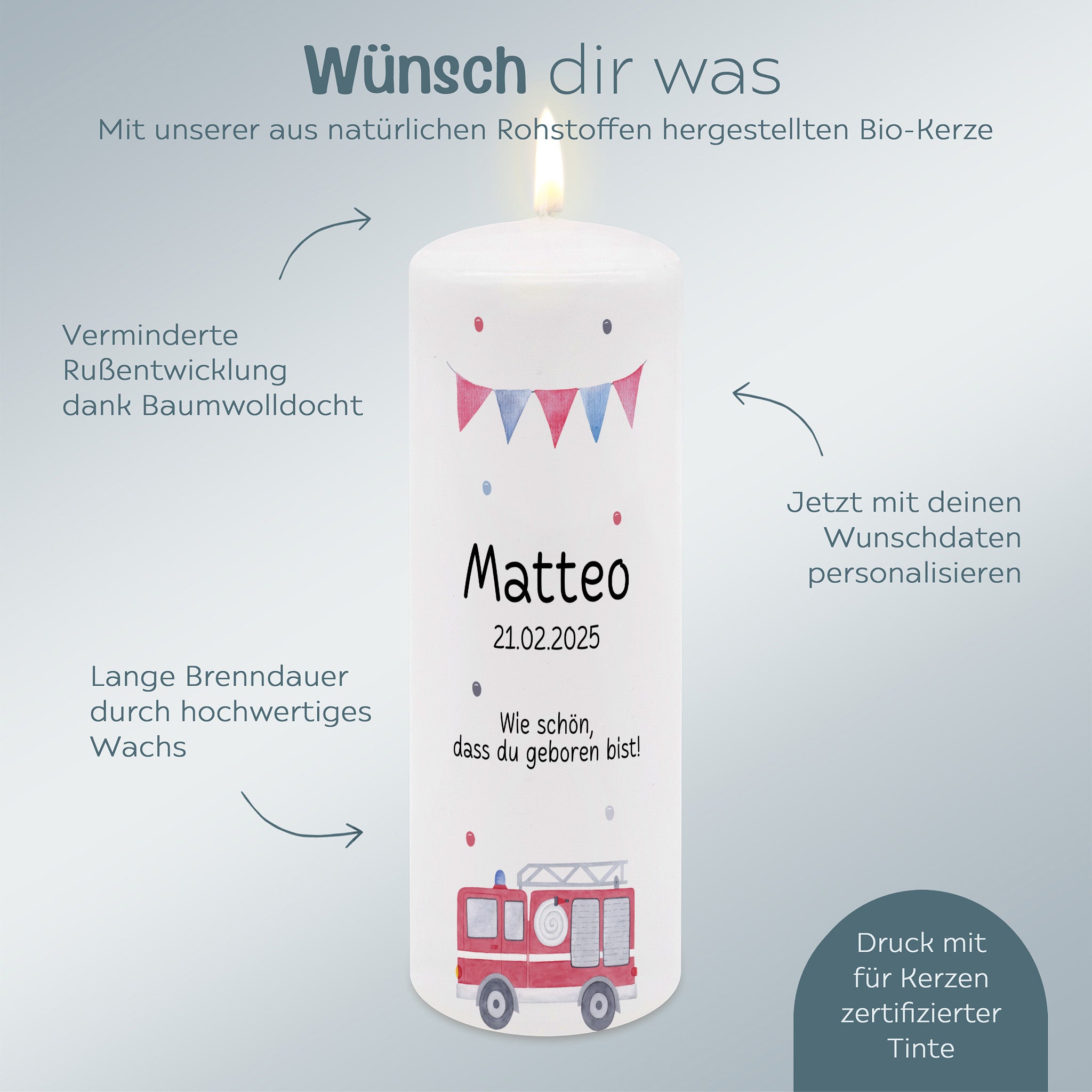 Geburtskerze personalisiert - Feuerwehr Aquarell - wunderwunsch