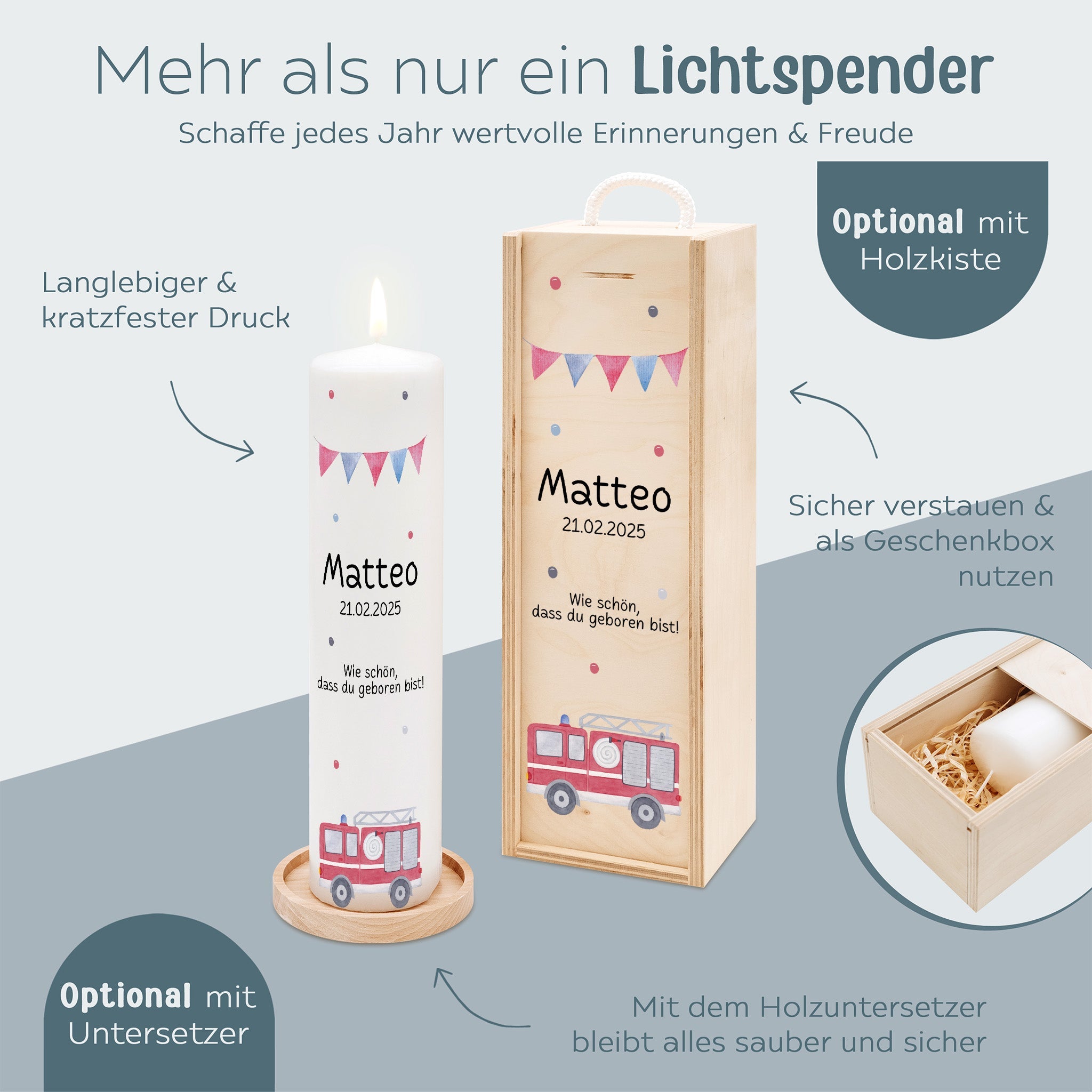 Geburtskerze personalisiert - Feuerwehr Aquarell - wunderwunsch