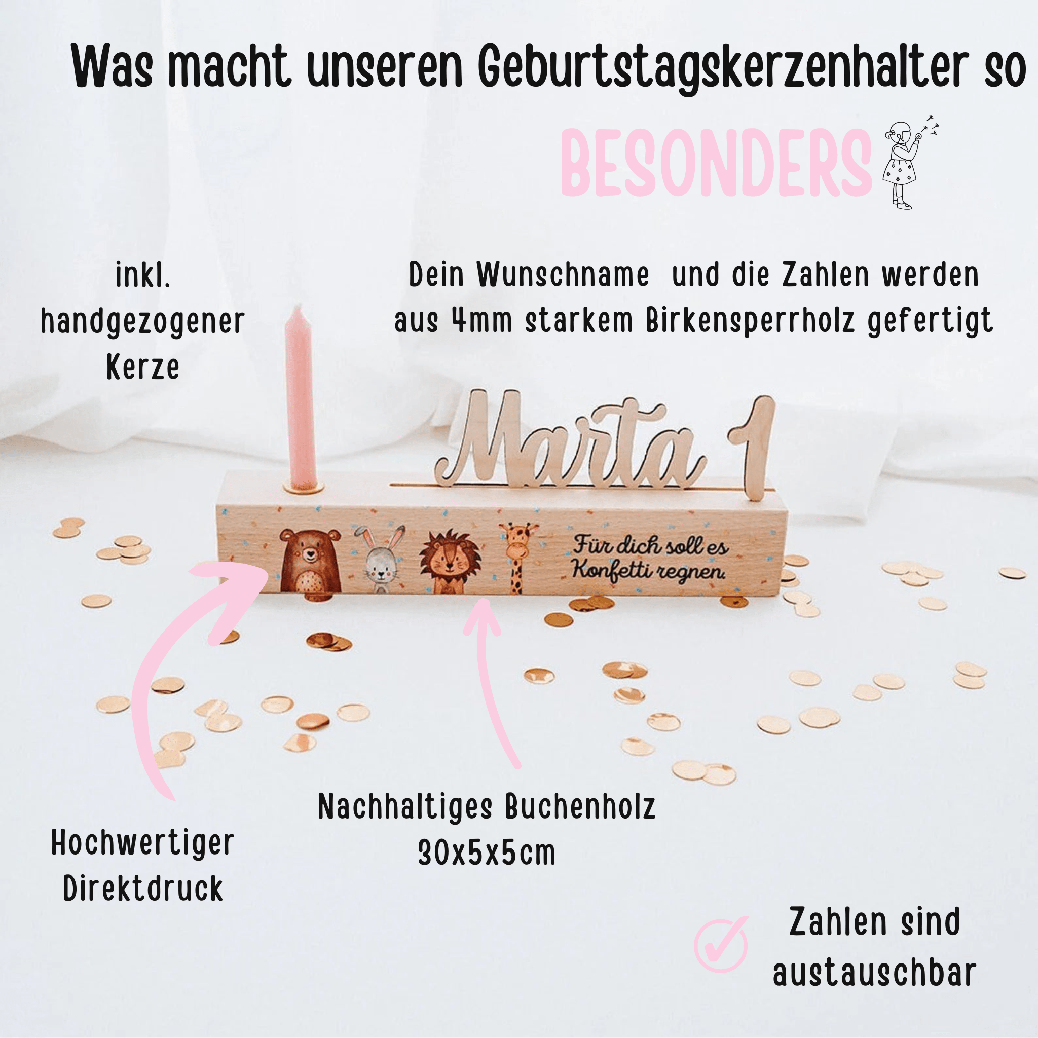 Geburtstagskerzenhalter Holz personalisiert - Aquarell Tiere - wunderwunsch