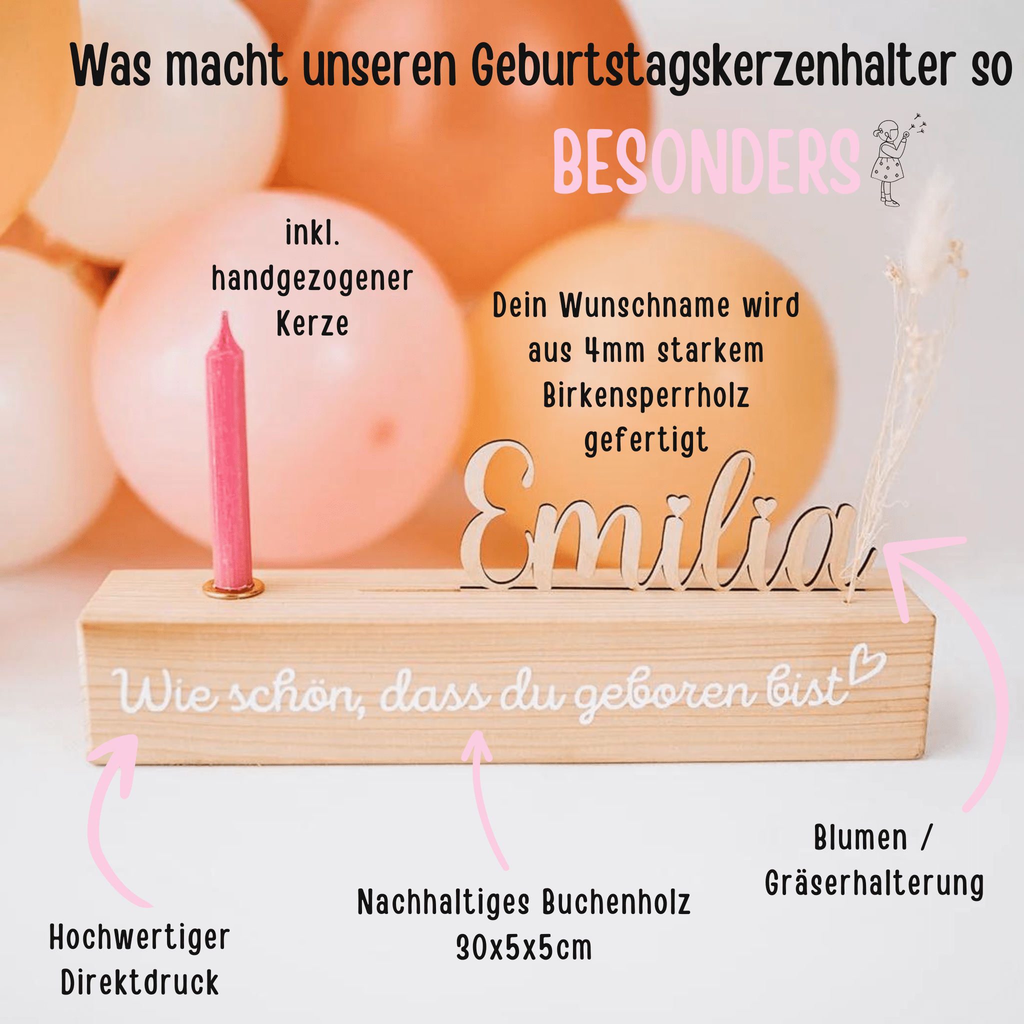Geburtstagskerzenhalter Holz personalisiert - Name - wunderwunsch