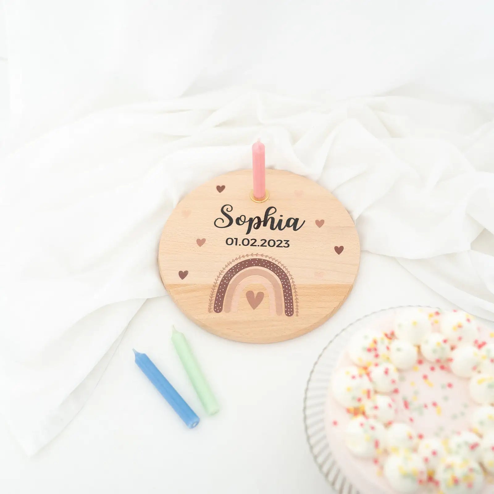 Geburtstagsteller Holz personalisiert - Regenbogen Boho beige Aquarell - wunderwunsch