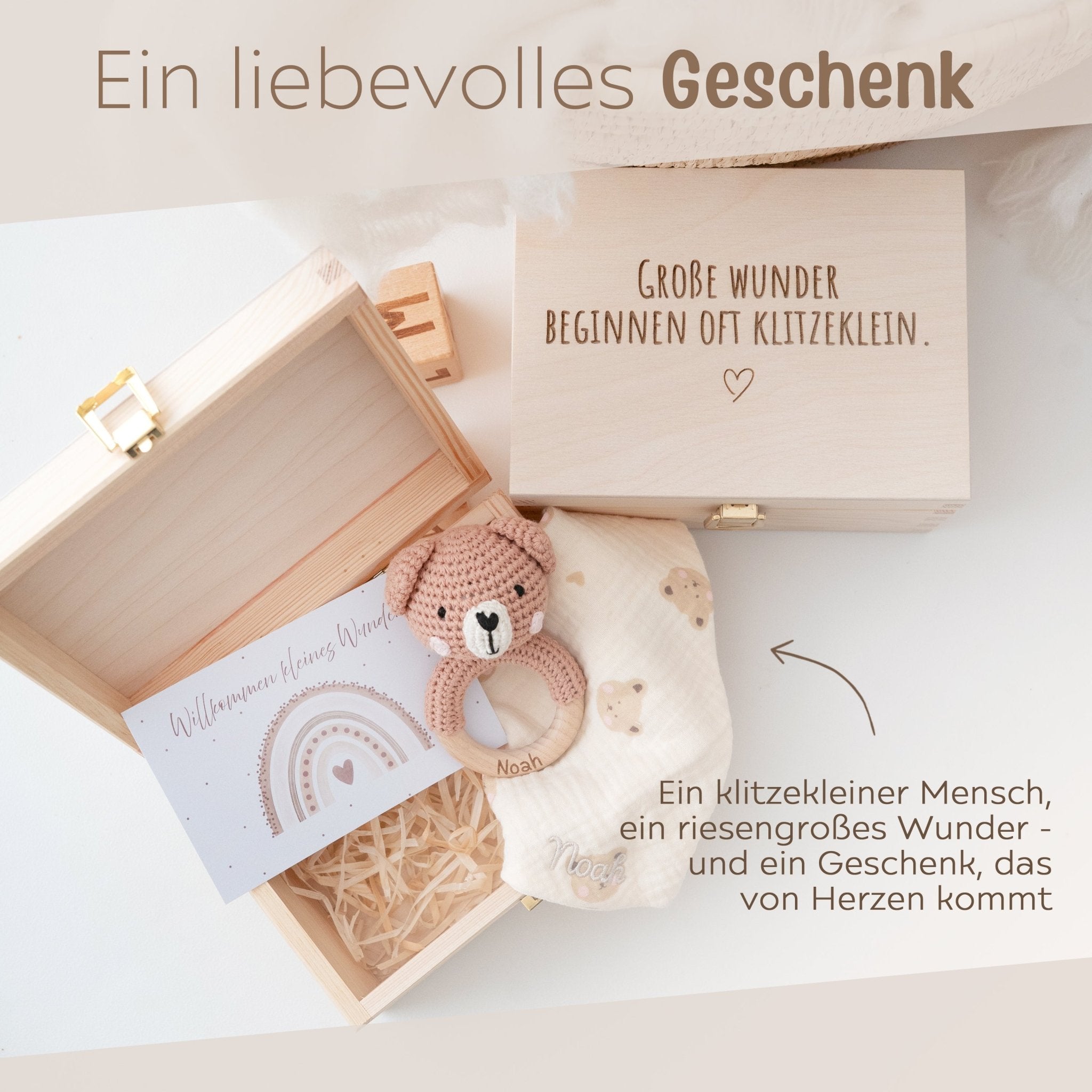 Geschenkbox Geburt - Bär Greifling + Halstuch + Postkarte - wunderwunsch