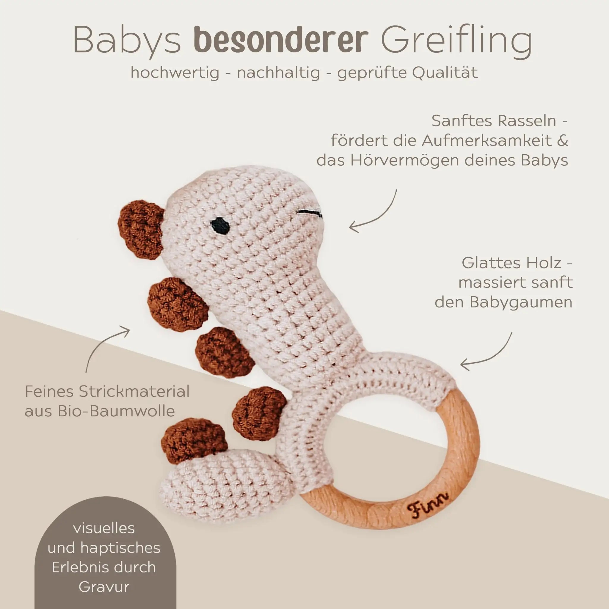 Greifling Dino beige personalisiert - wunderwunsch