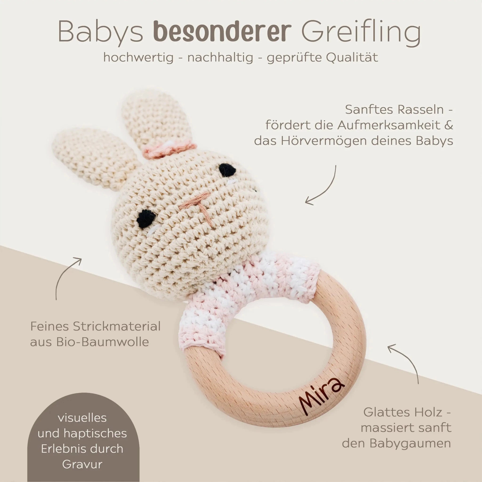 Greifling Hase gestreift rosa personalisiert - wunderwunsch