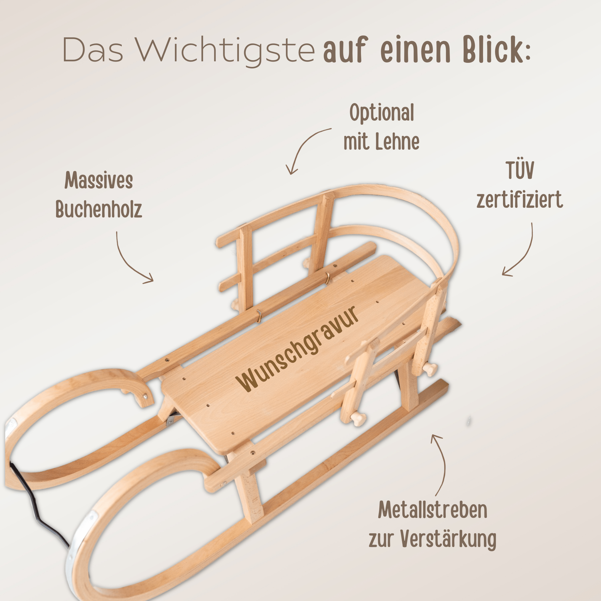 Hörnerschlitten Holz mit breiter Sitzfläche - personalisiert - wunderwunsch