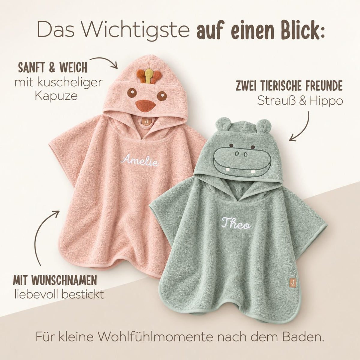 JOLLEIN Badeponcho personalisiert - Hippo oder Strauß - wunderwunsch