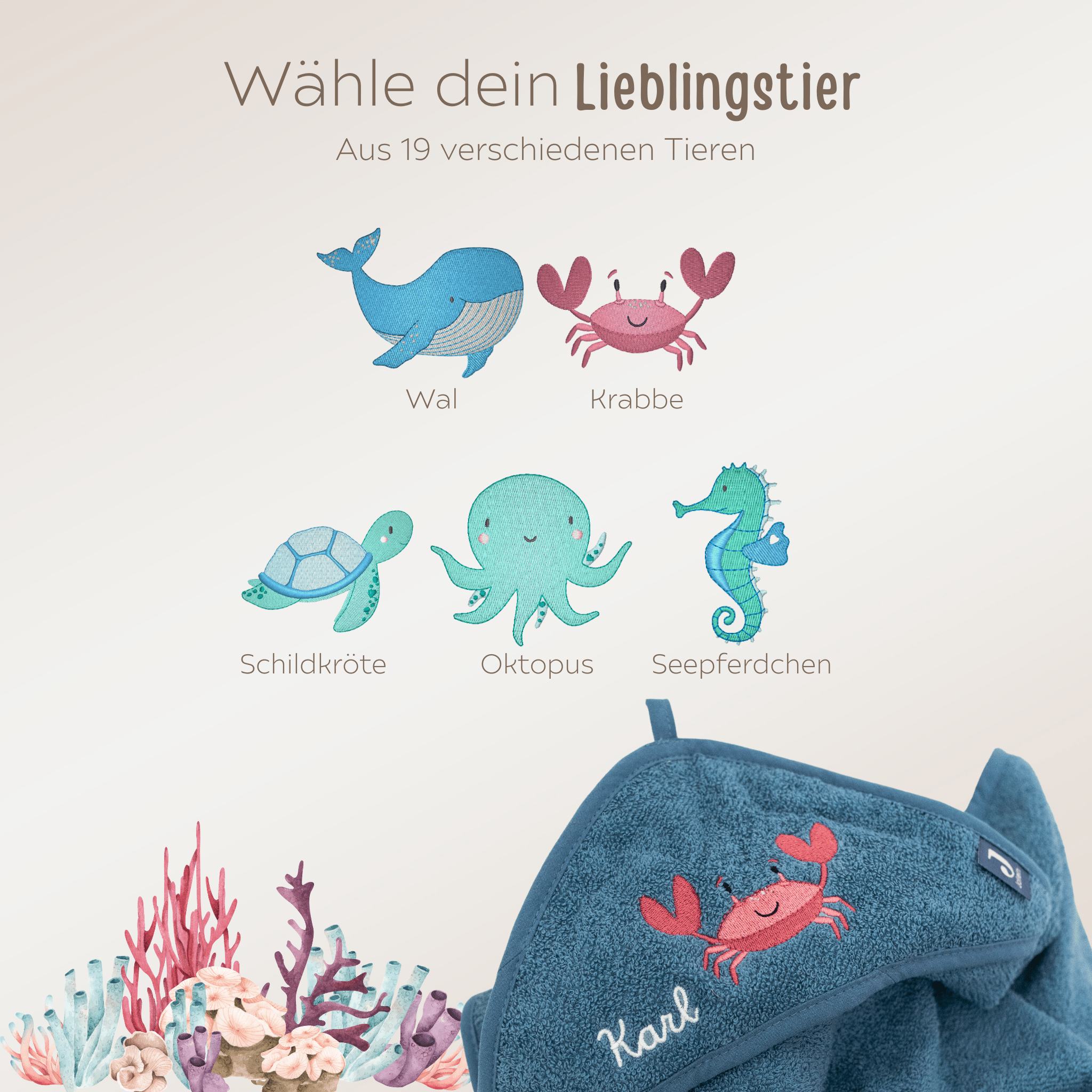 JOLLEIN Handtuch Groß 100 x 100cm personalisiert - Wunderwunsch Tiere - wunderwunsch