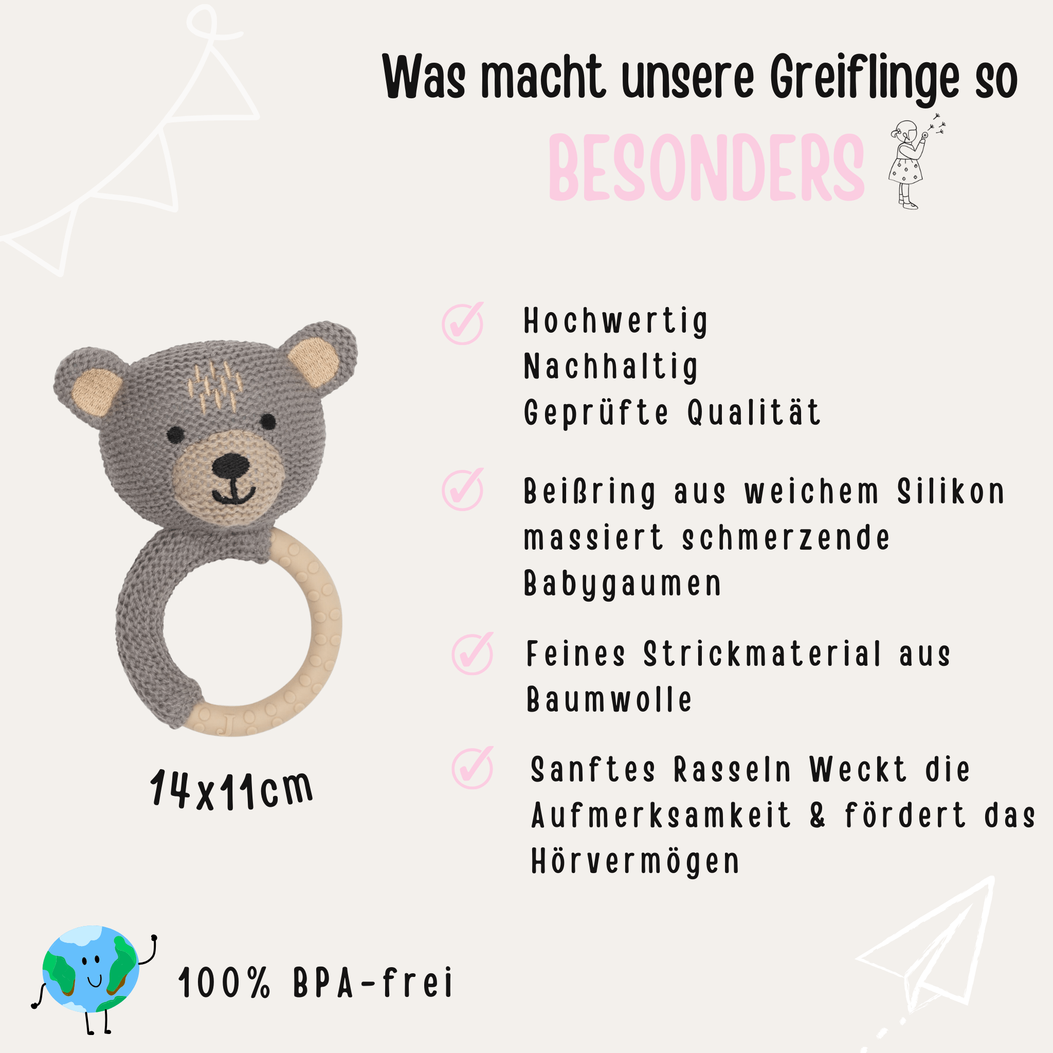 JOLLEIN Silikon Babyrassel - Bär, Giraffe, Fuchs - wunderwunsch