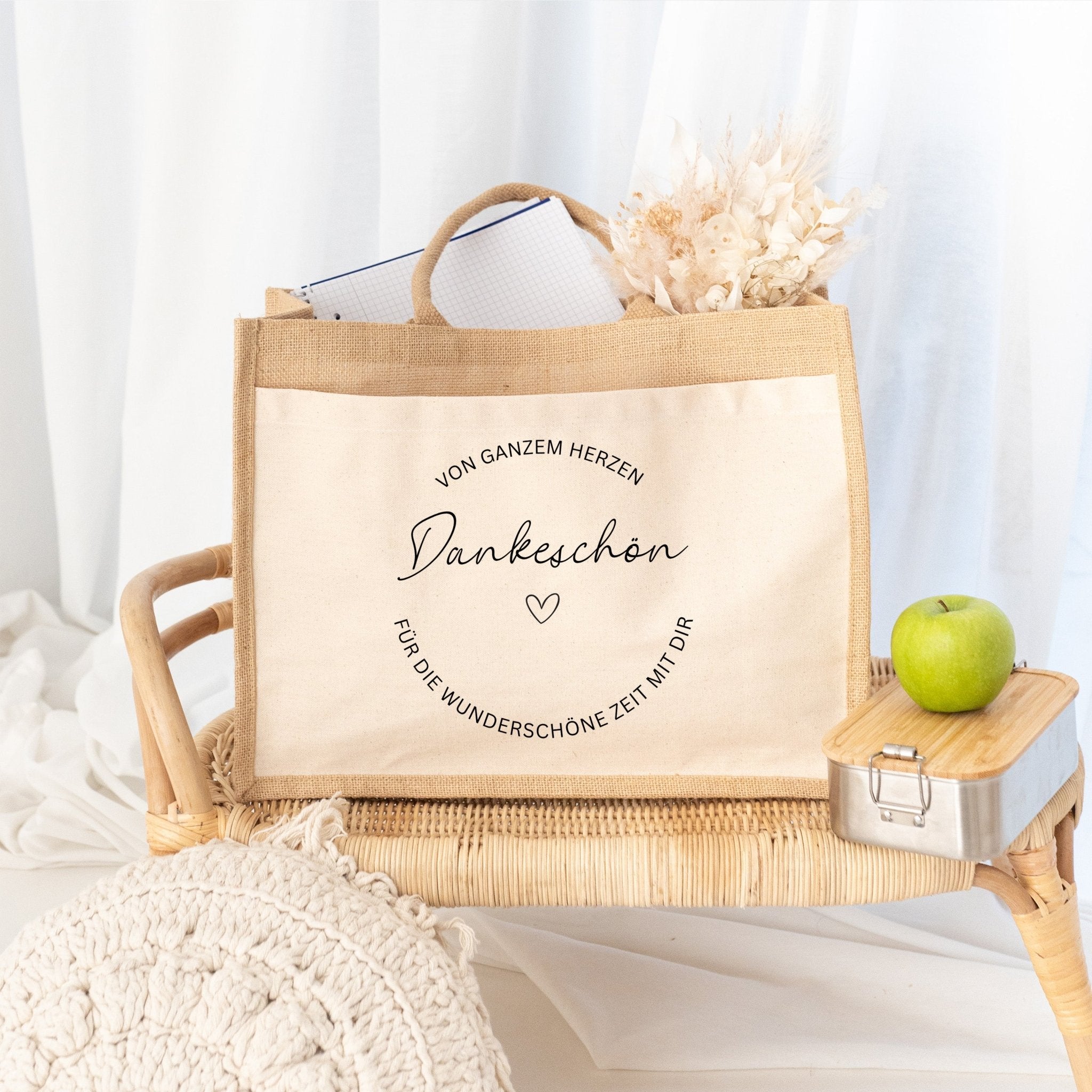 Jutetasche mit Stoffbesatz - Dankeschön von Herzen - wunderwunsch