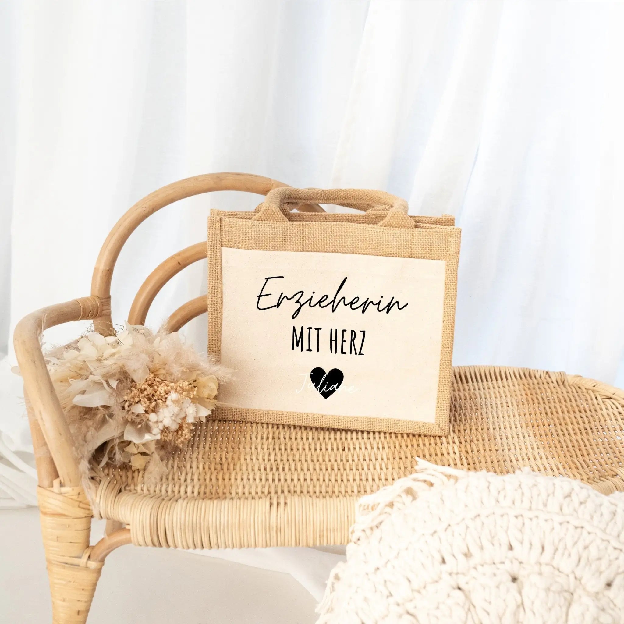 Jutetasche mit Stoffbesatz - Erzieherin/Lehrerin mit Herz - wunderwunsch
