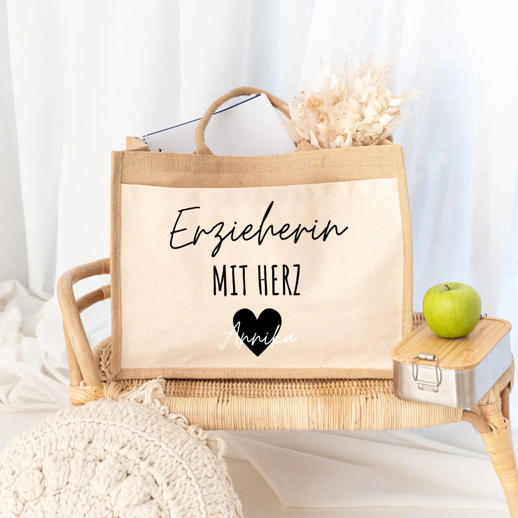 Jutetasche mit Stoffbesatz - Erzieherin/Lehrerin mit Herz - wunderwunsch