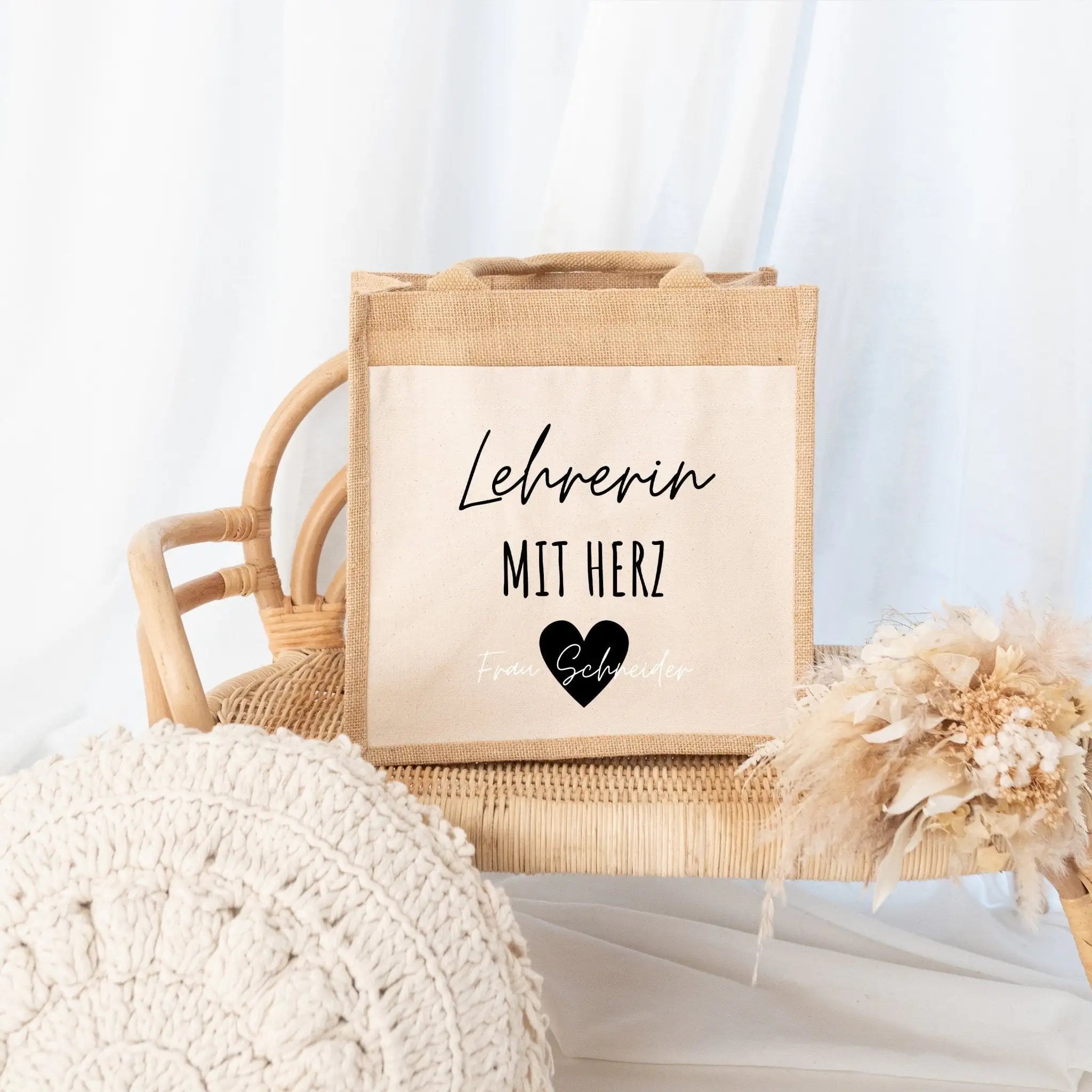 Jutetasche mit Stoffbesatz - Erzieherin/Lehrerin mit Herz - wunderwunsch