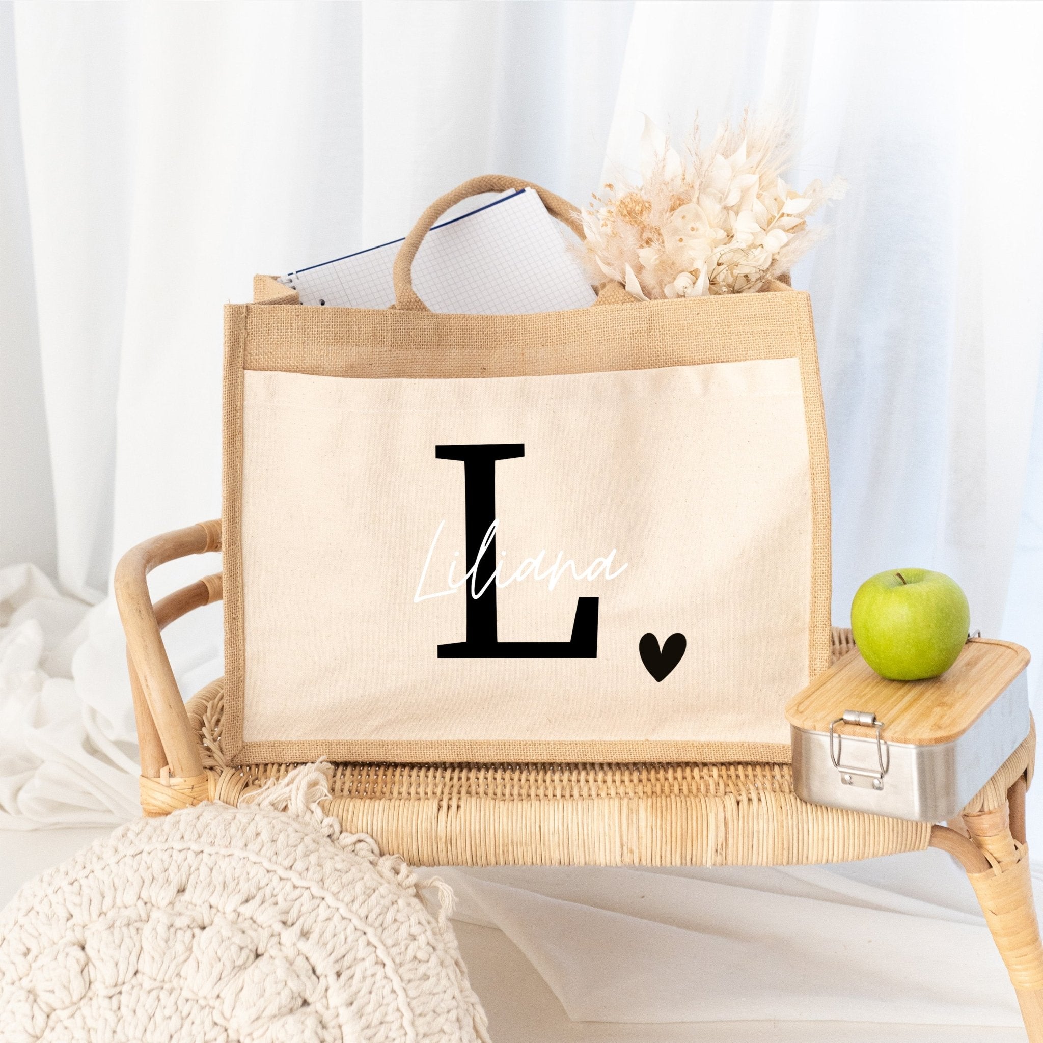Jutetasche mit Stoffbesatz - Initial Name Herz - wunderwunsch