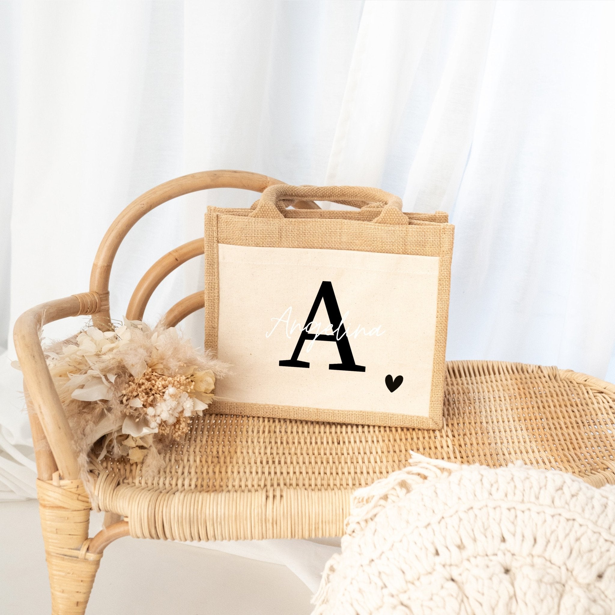 Jutetasche mit Stoffbesatz - Initial Name Herz - wunderwunsch