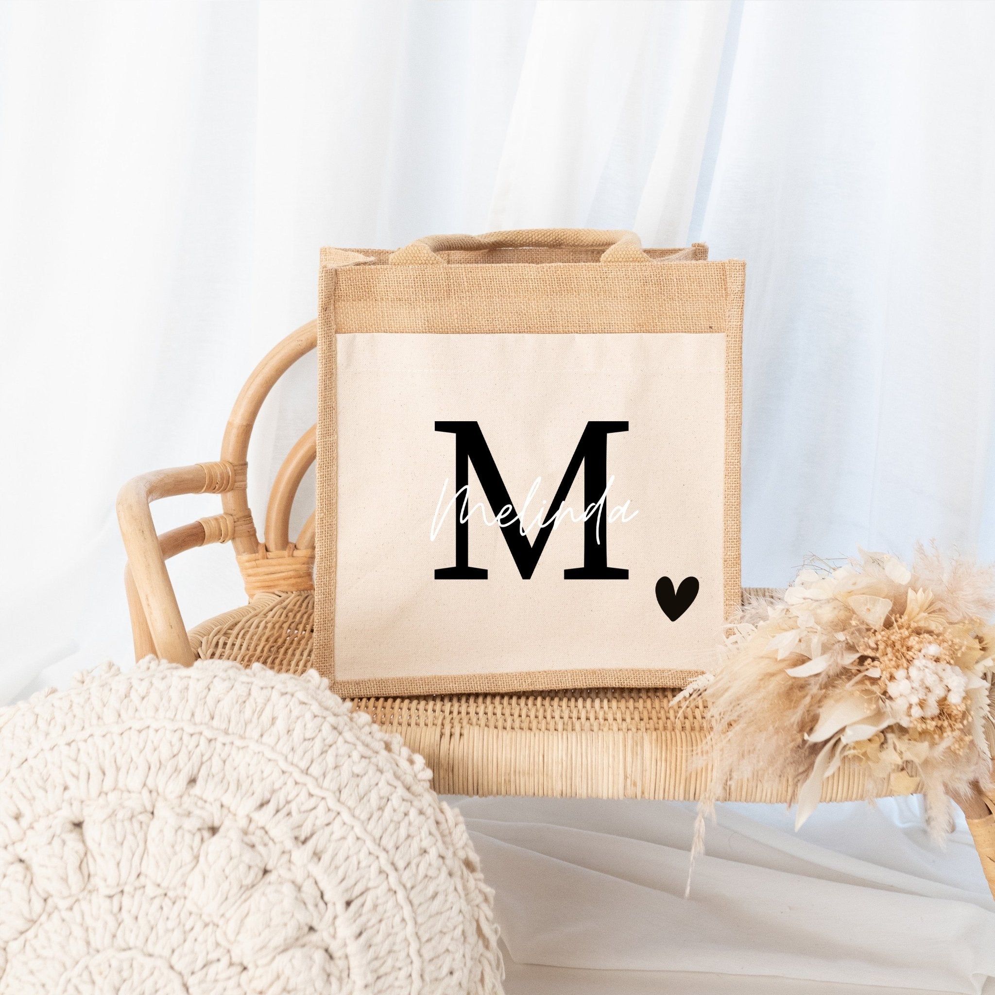 Jutetasche mit Stoffbesatz - Initial Name Herz - wunderwunsch