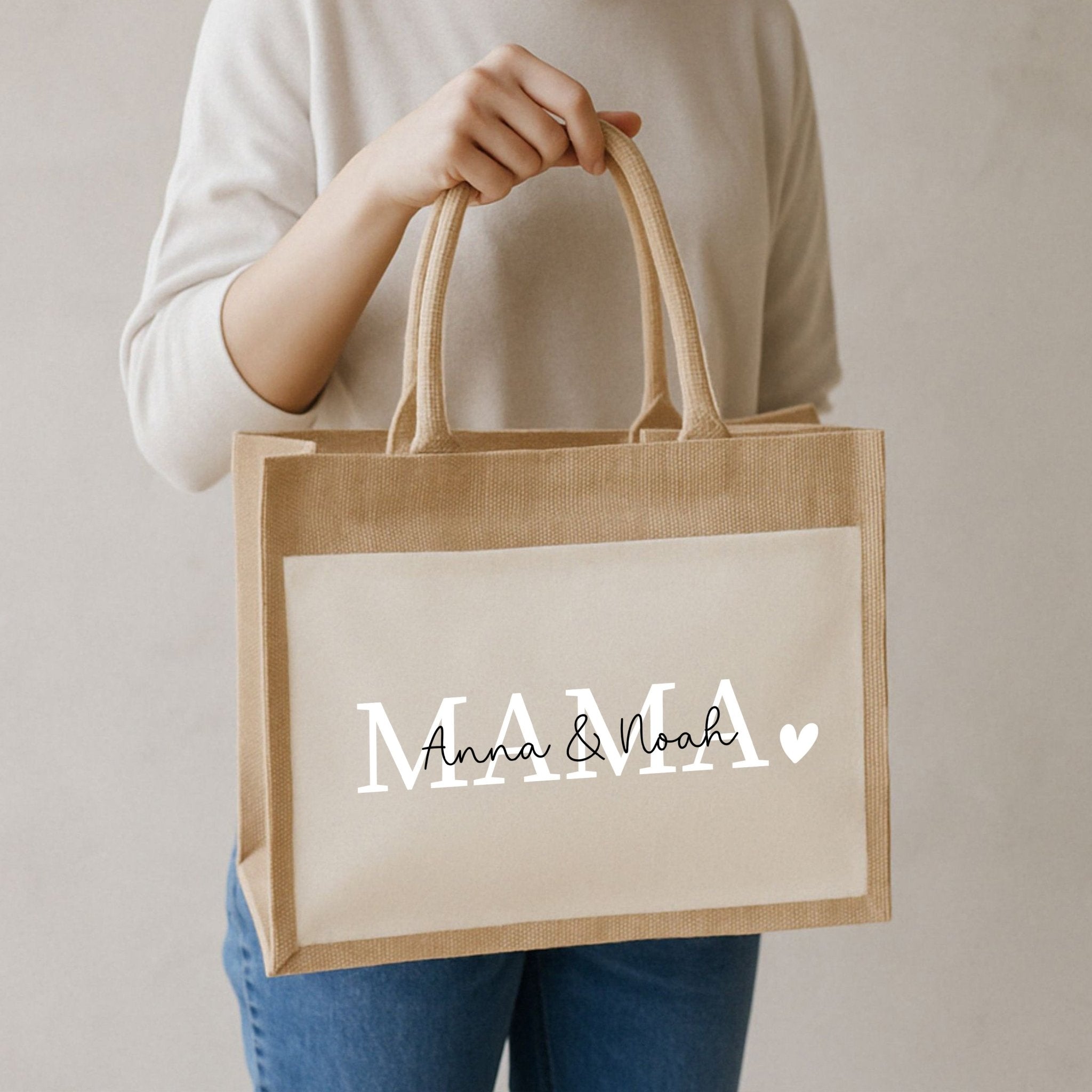 Jutetasche mit Stoffbesatz - Mama est. - wunderwunsch