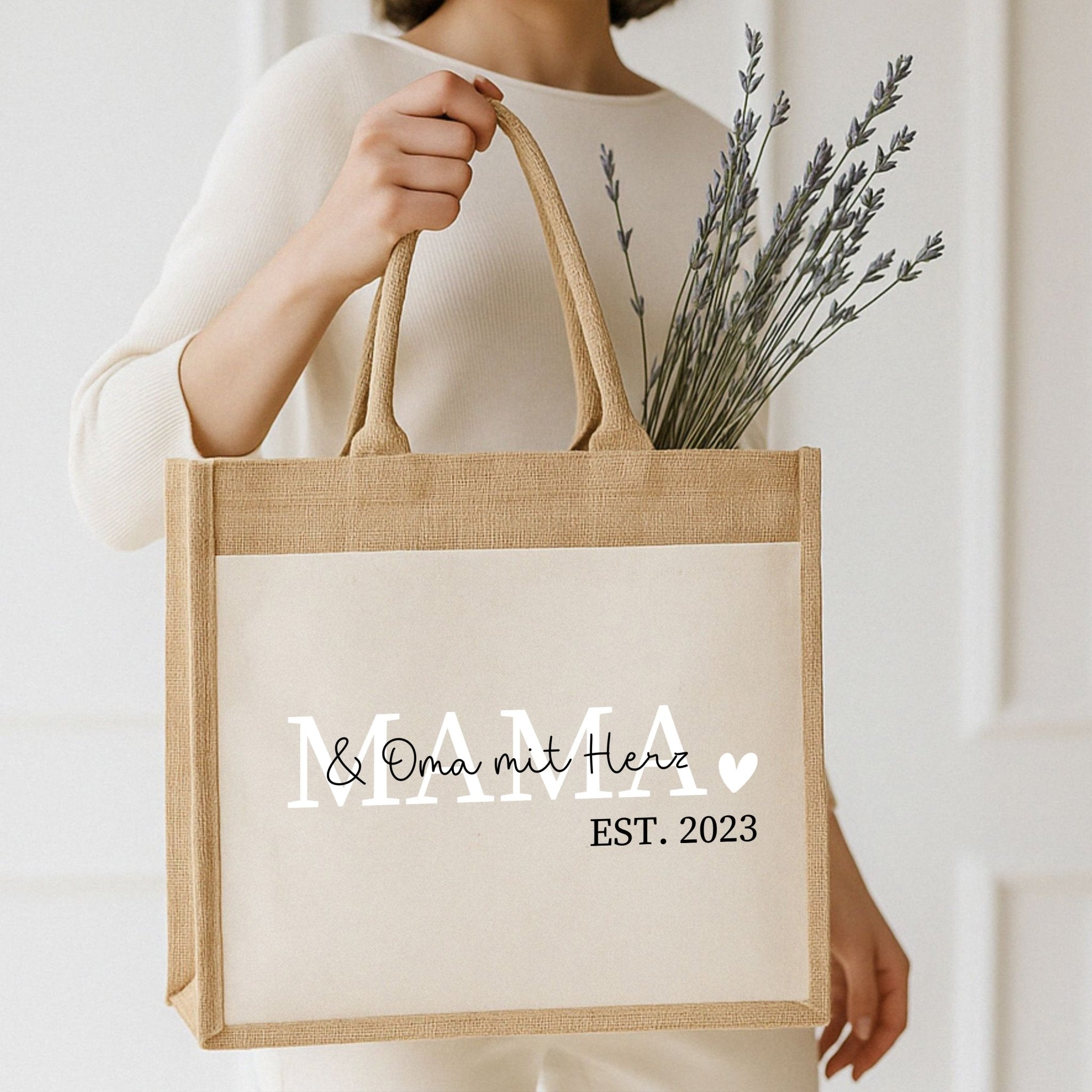 Jutetasche mit Stoffbesatz - Mama est. - wunderwunsch