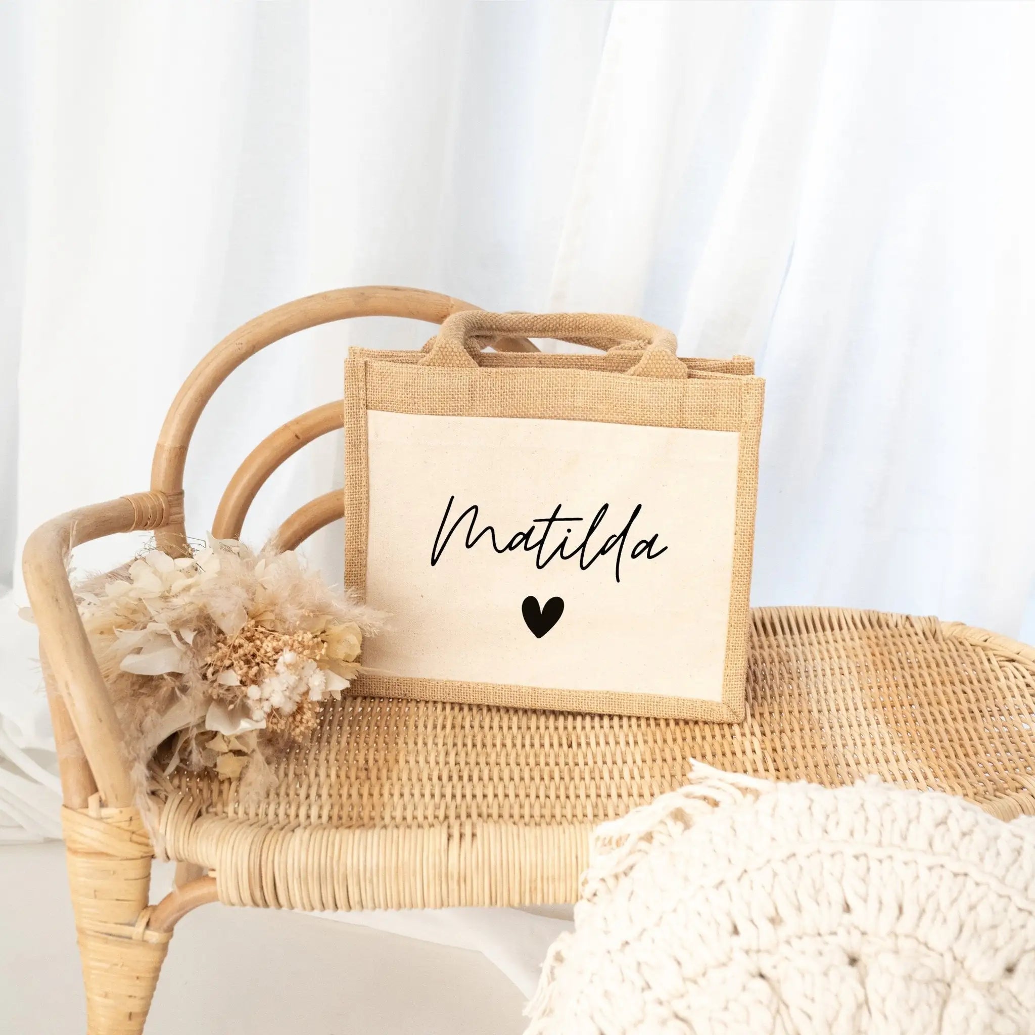 Jutetasche mit Stoffbesatz - Name Herz - wunderwunsch