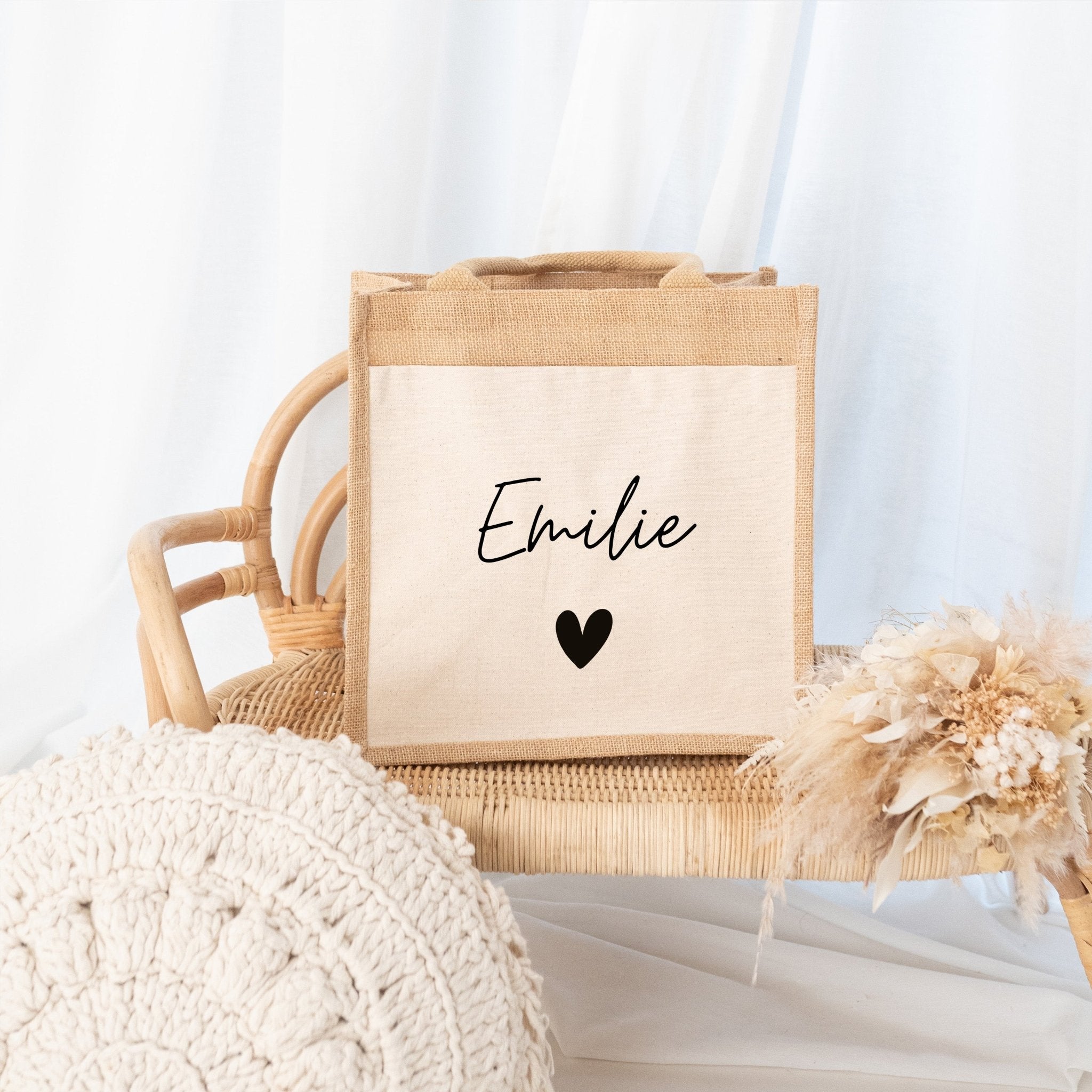 Jutetasche mit Stoffbesatz - Name Herz - wunderwunsch