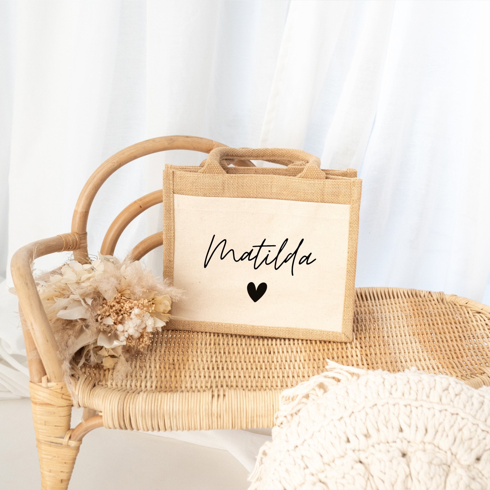Jutetasche mit Stoffbesatz - Name Herz - wunderwunsch