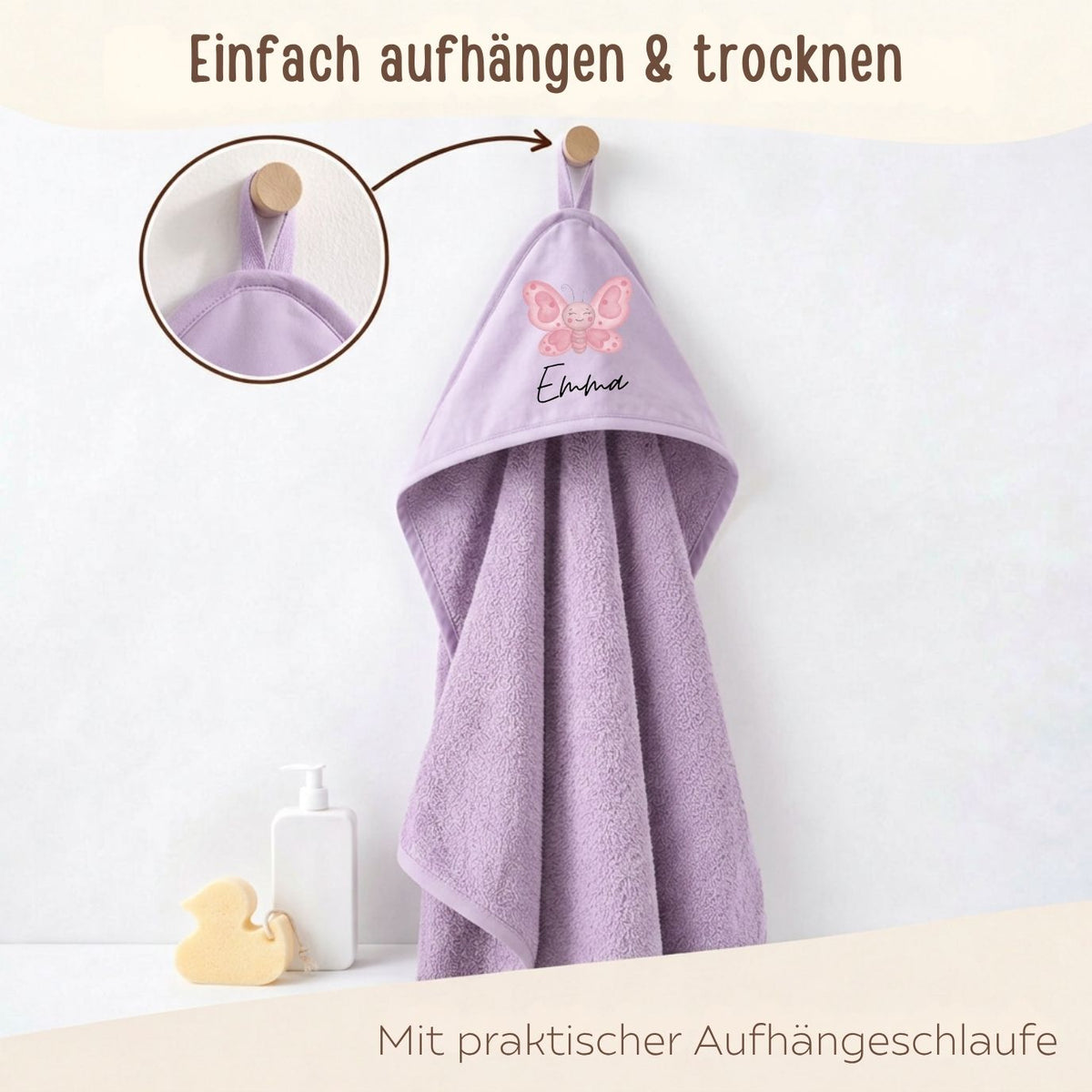 Kapuzenhandtuch aus Baumwolle personalisiert - Tier (geschwungene Schrift) - wunderwunsch