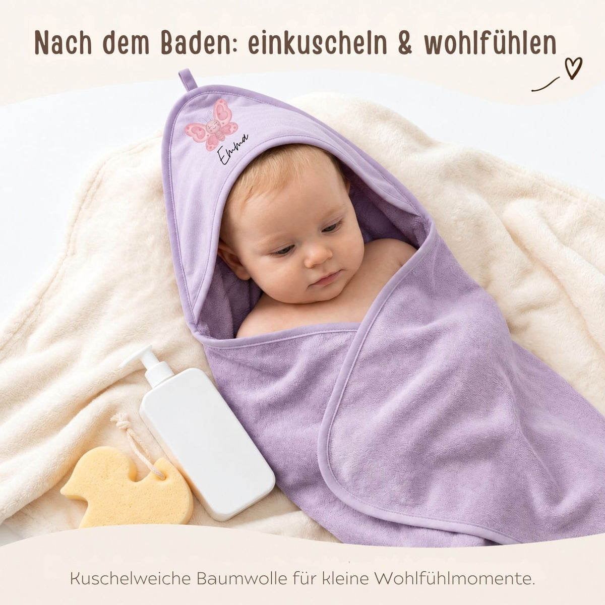 Kapuzenhandtuch aus Baumwolle personalisiert - Tier (geschwungene Schrift) - wunderwunsch