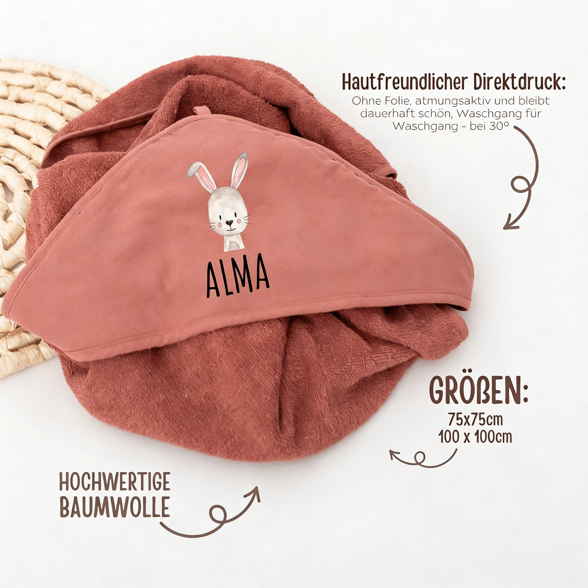 Kapuzenhandtuch Baumwolle "Tier" (gerade Schrift) personalisiert - wunderwunsch