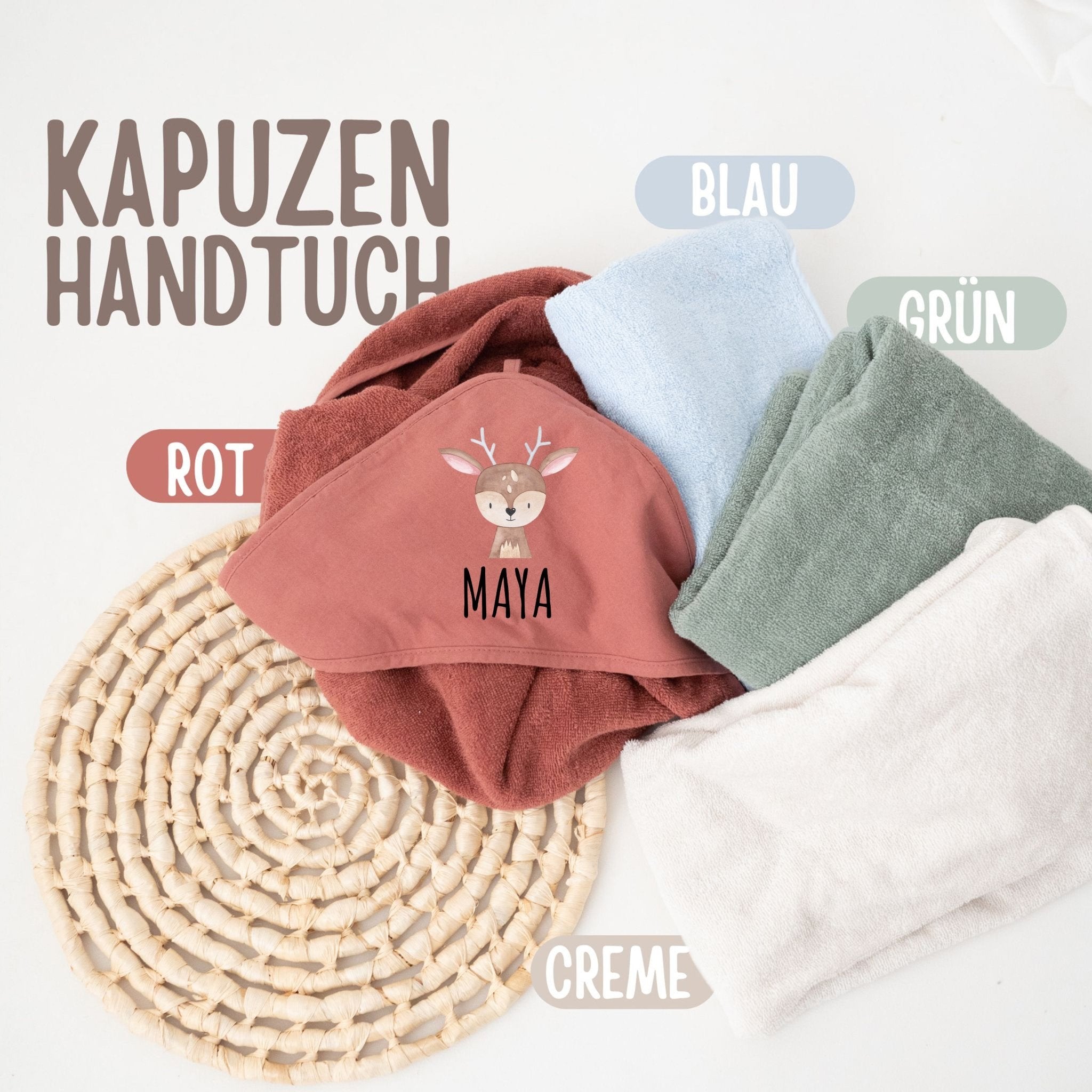 Kapuzenhandtuch Baumwolle "Tier" (gerade Schrift) personalisiert - wunderwunsch