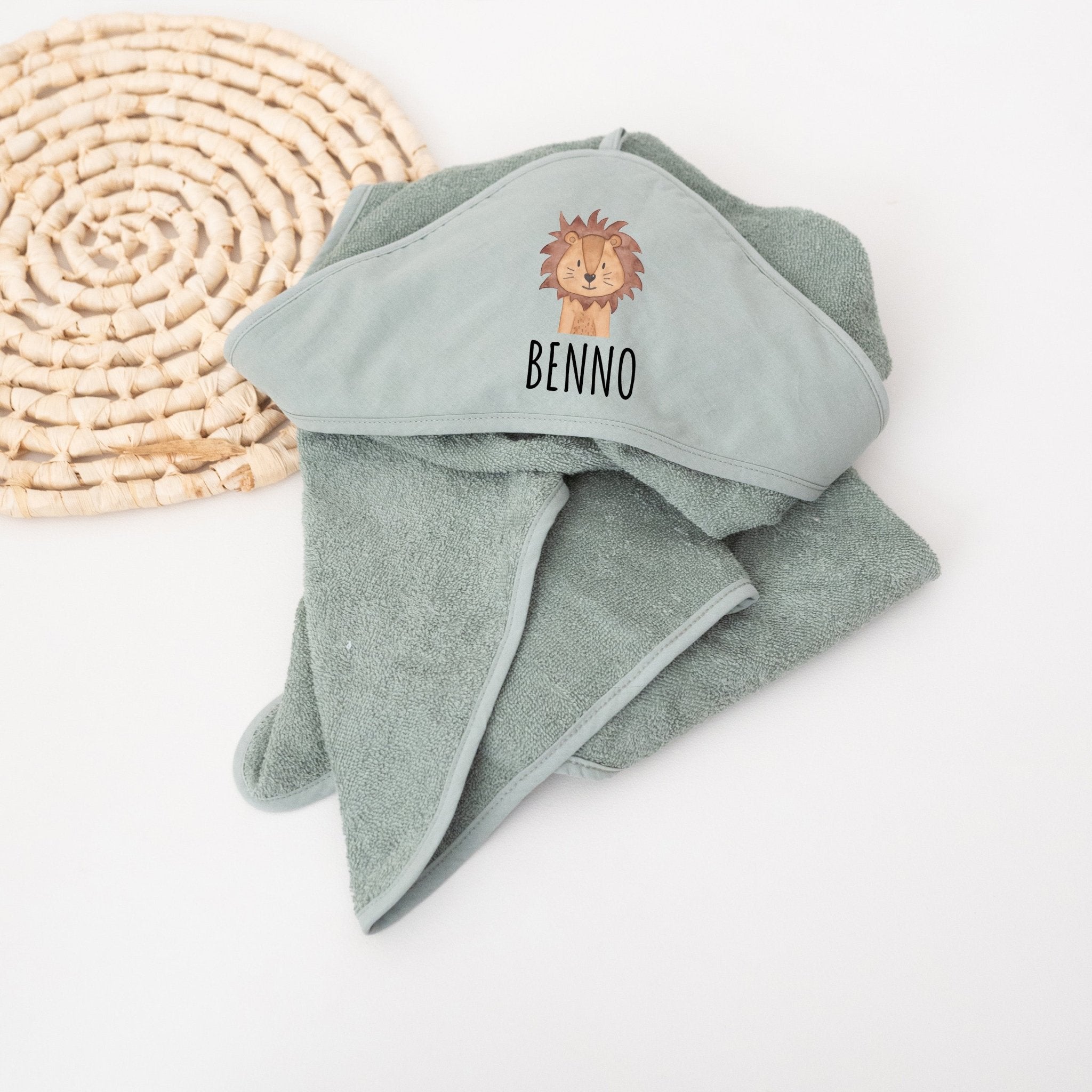 Kapuzenhandtuch Baumwolle "Tier" (gerade Schrift) personalisiert - wunderwunsch