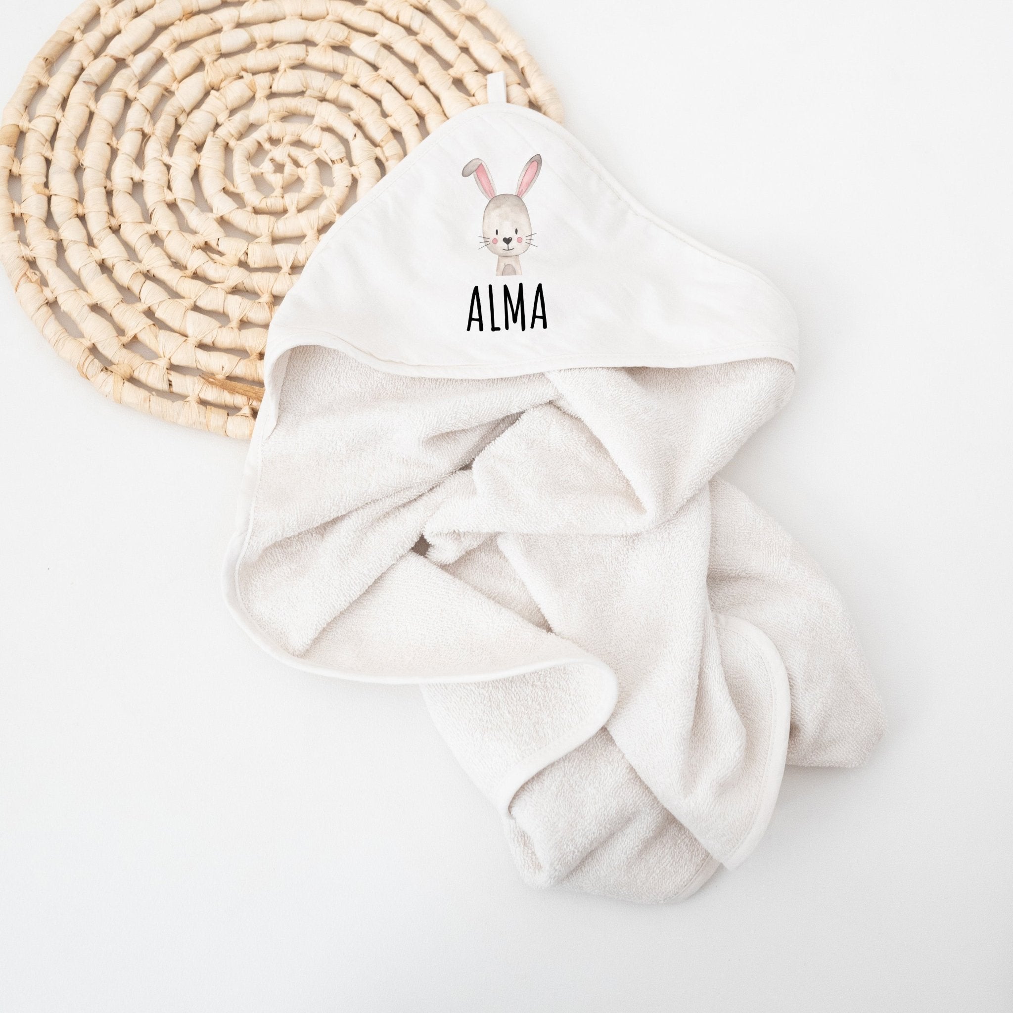 Kapuzenhandtuch Baumwolle "Tier" (gerade Schrift) personalisiert - wunderwunsch