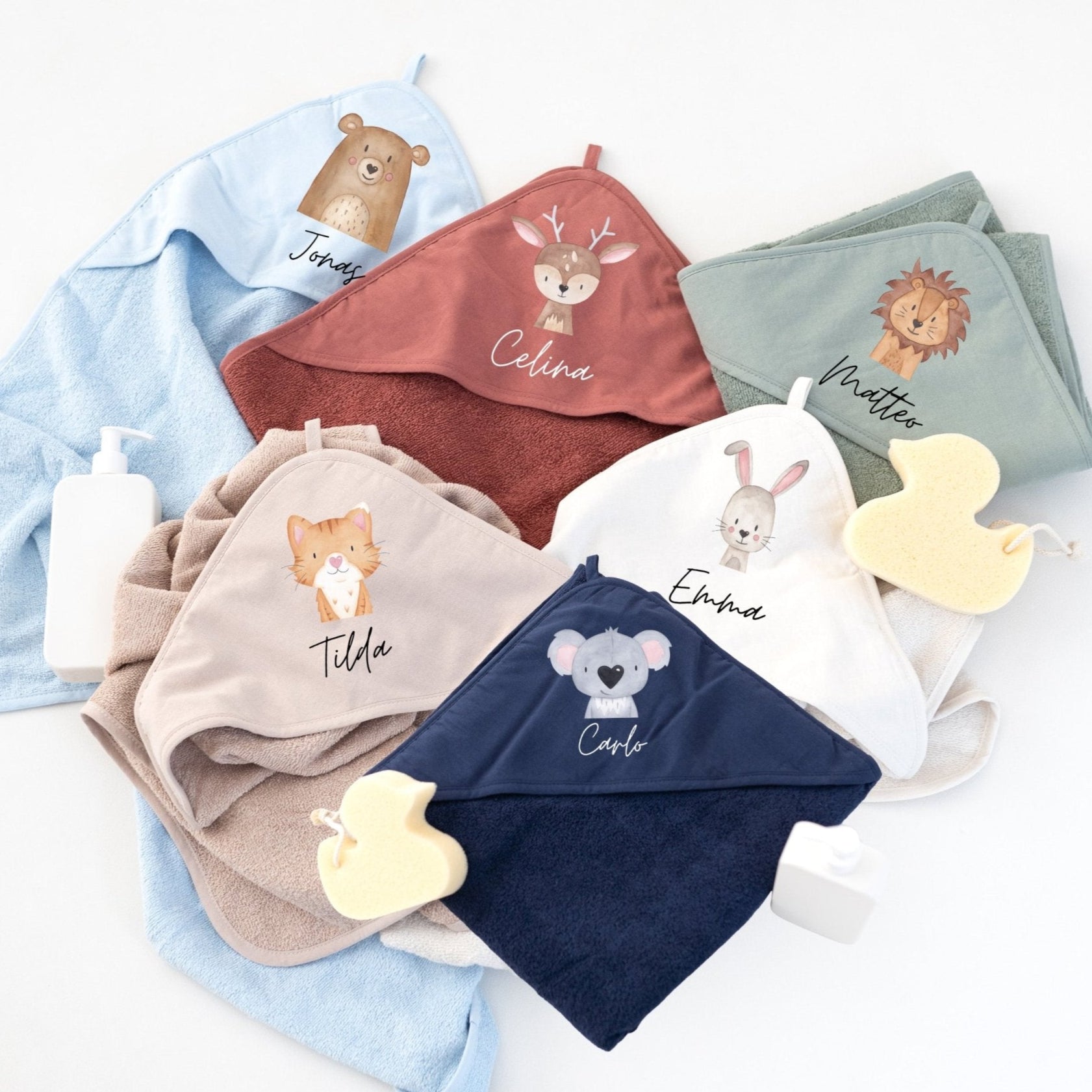 Kapuzenhandtuch Baumwolle "Tier" (geschwungene Schrift) personalisiert - wunderwunsch