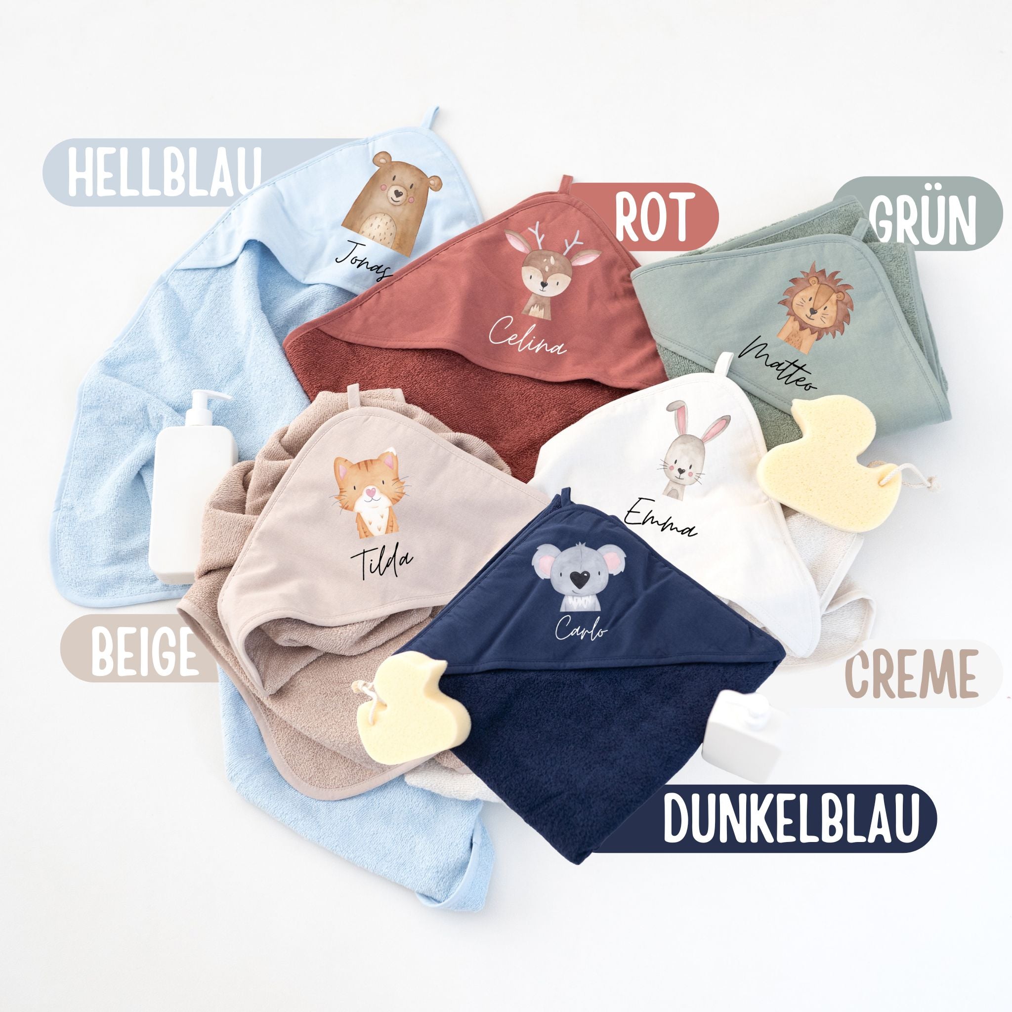 Kapuzenhandtuch Baumwolle "Tier" (geschwungene Schrift) personalisiert - wunderwunsch