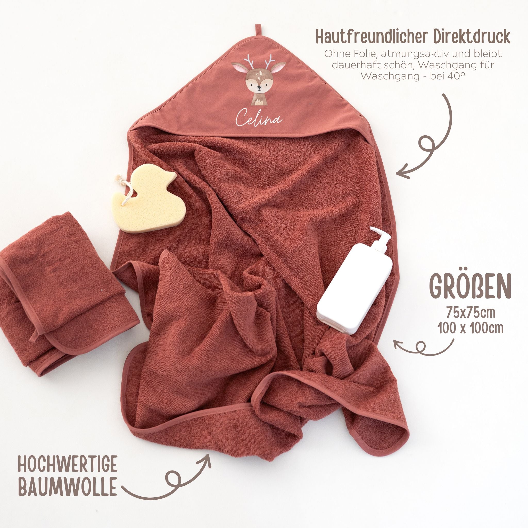 Kapuzenhandtuch Baumwolle "Tier" (geschwungene Schrift) personalisiert - wunderwunsch