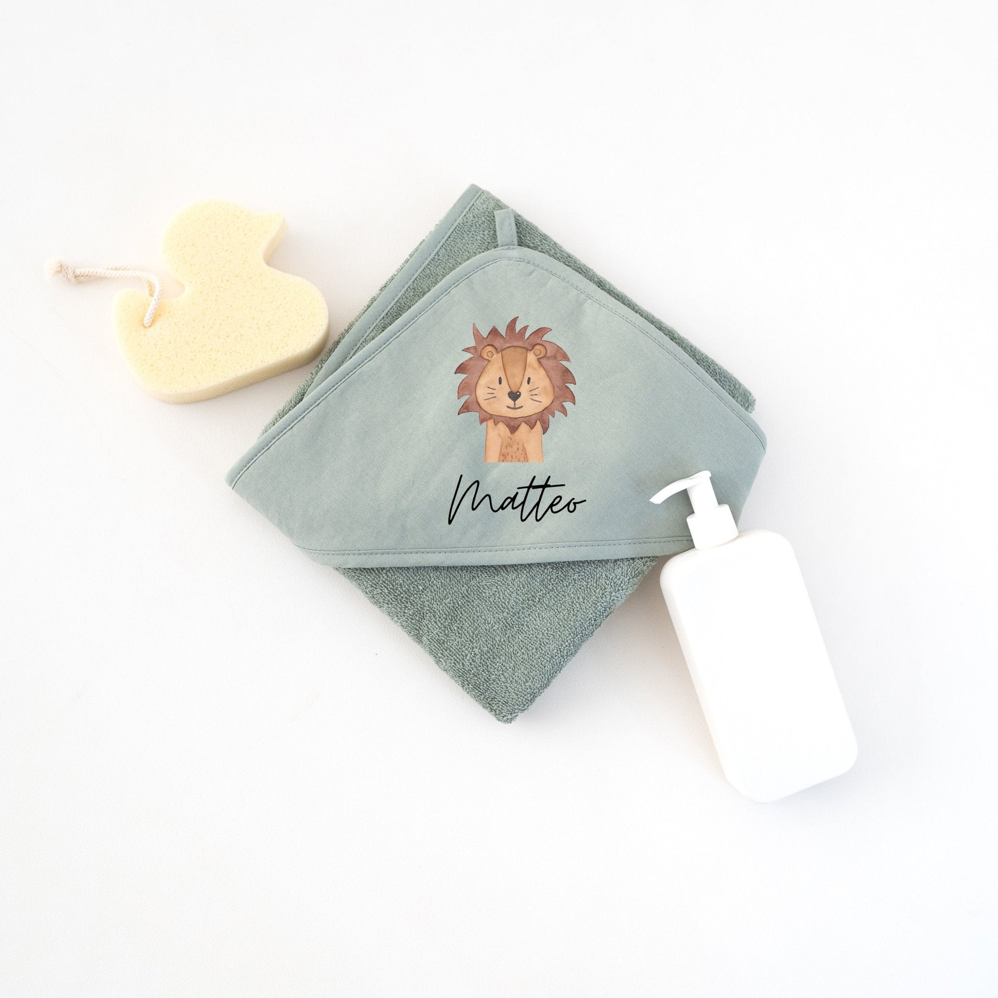 Kapuzenhandtuch Baumwolle "Tier" (geschwungene Schrift) personalisiert - wunderwunsch