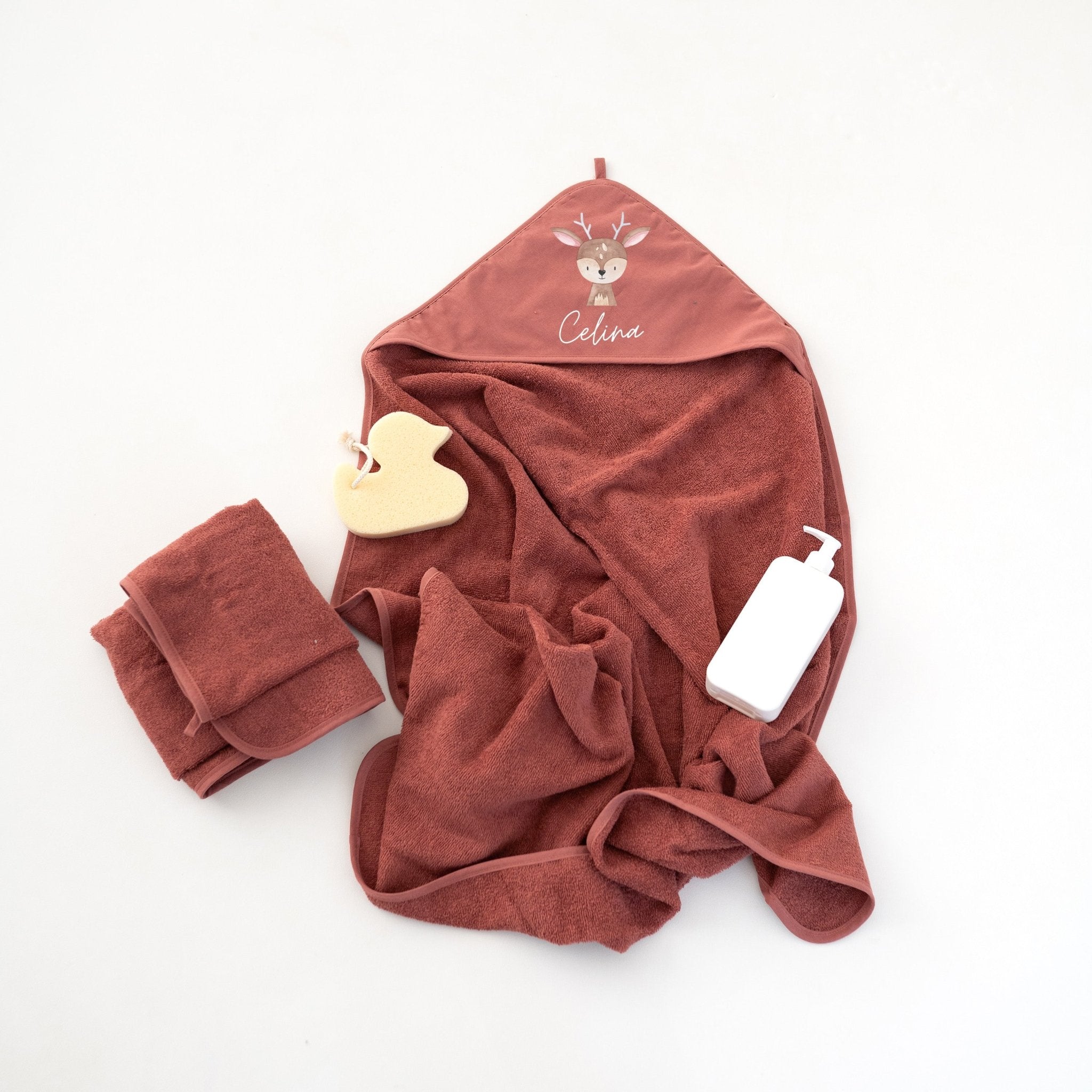 Kapuzenhandtuch Baumwolle "Tier" (geschwungene Schrift) personalisiert - wunderwunsch
