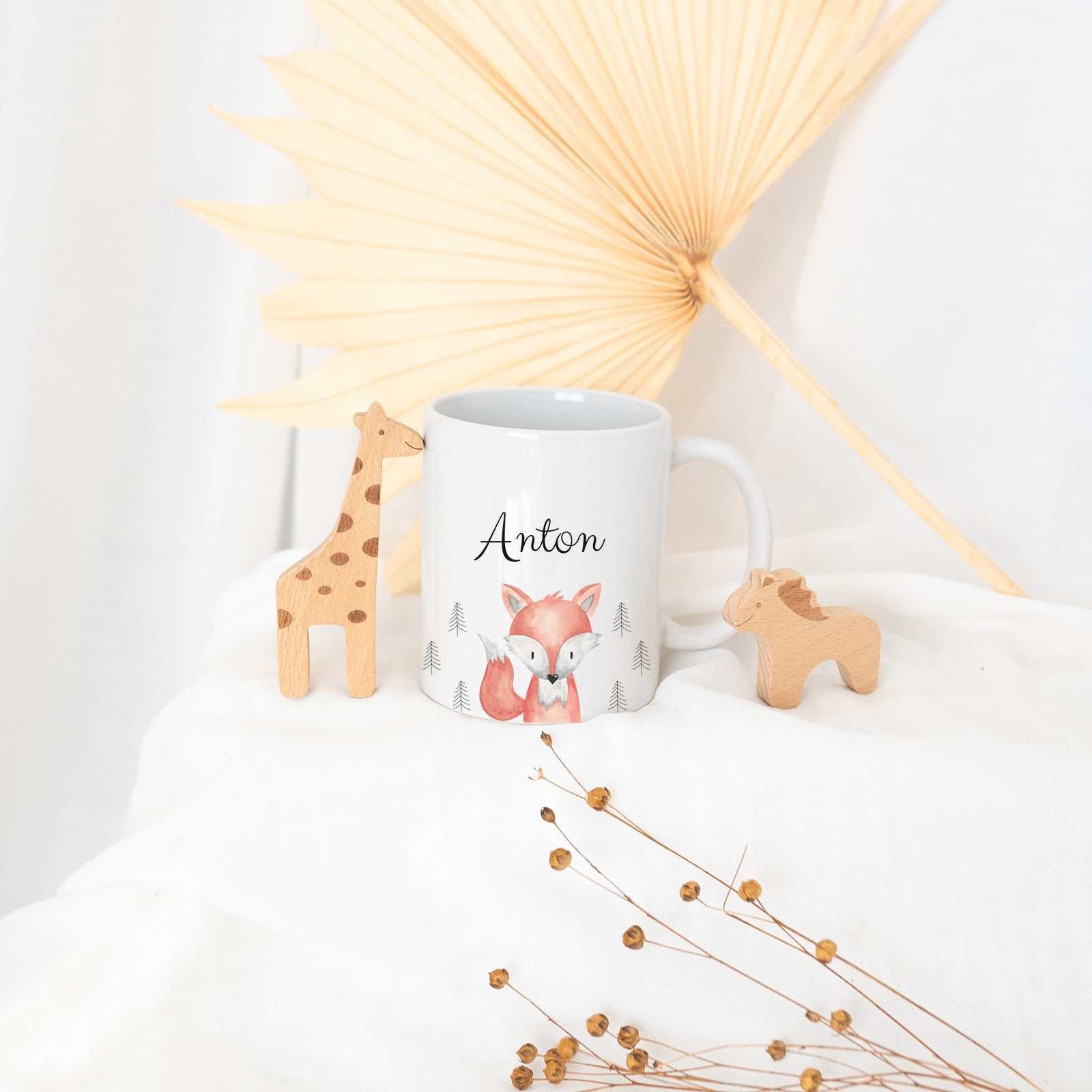Keramik Kindertasse personalisiert - Tier Wald Aquarell - wunderwunsch