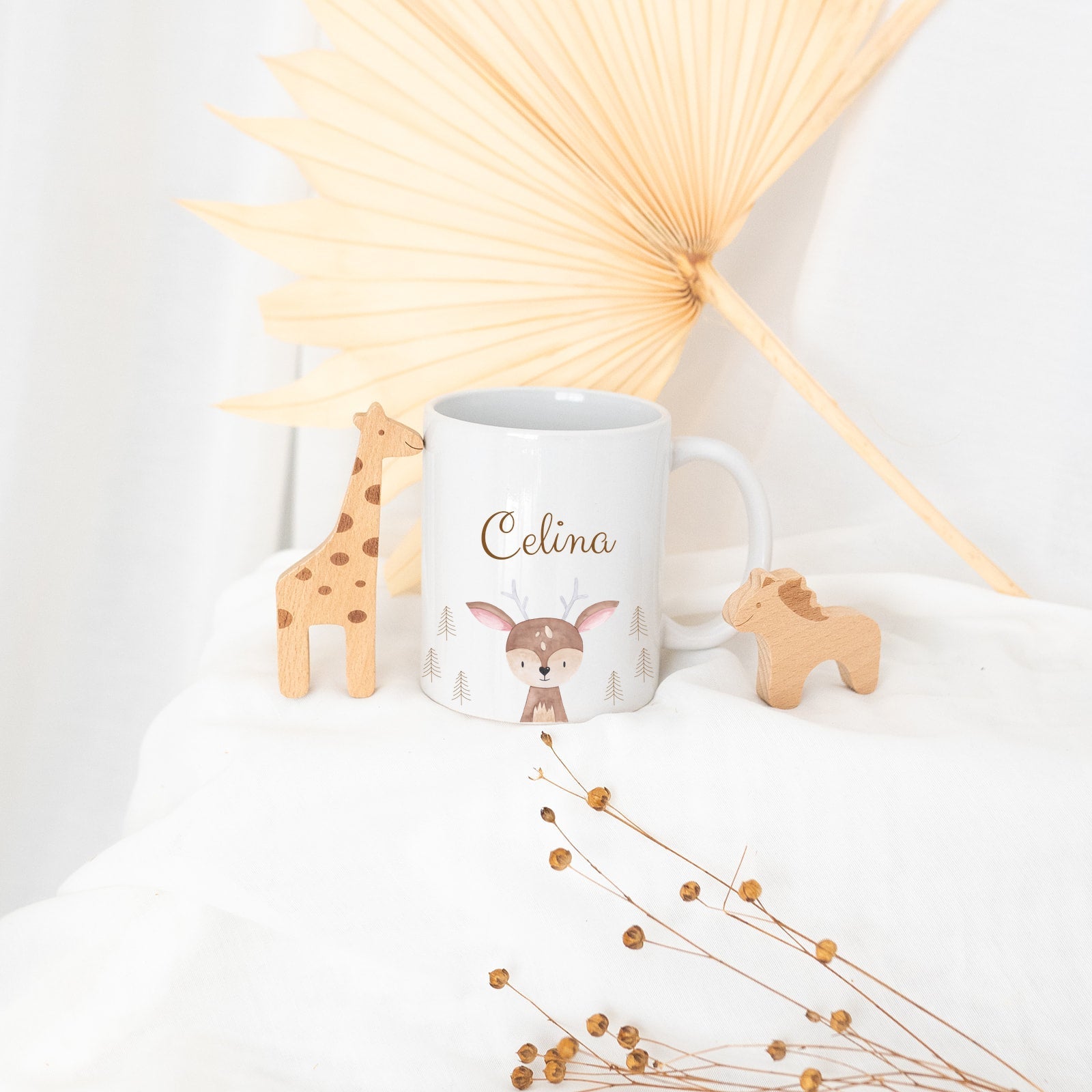 Keramik Kindertasse personalisiert - Tier Wald Aquarell - wunderwunsch