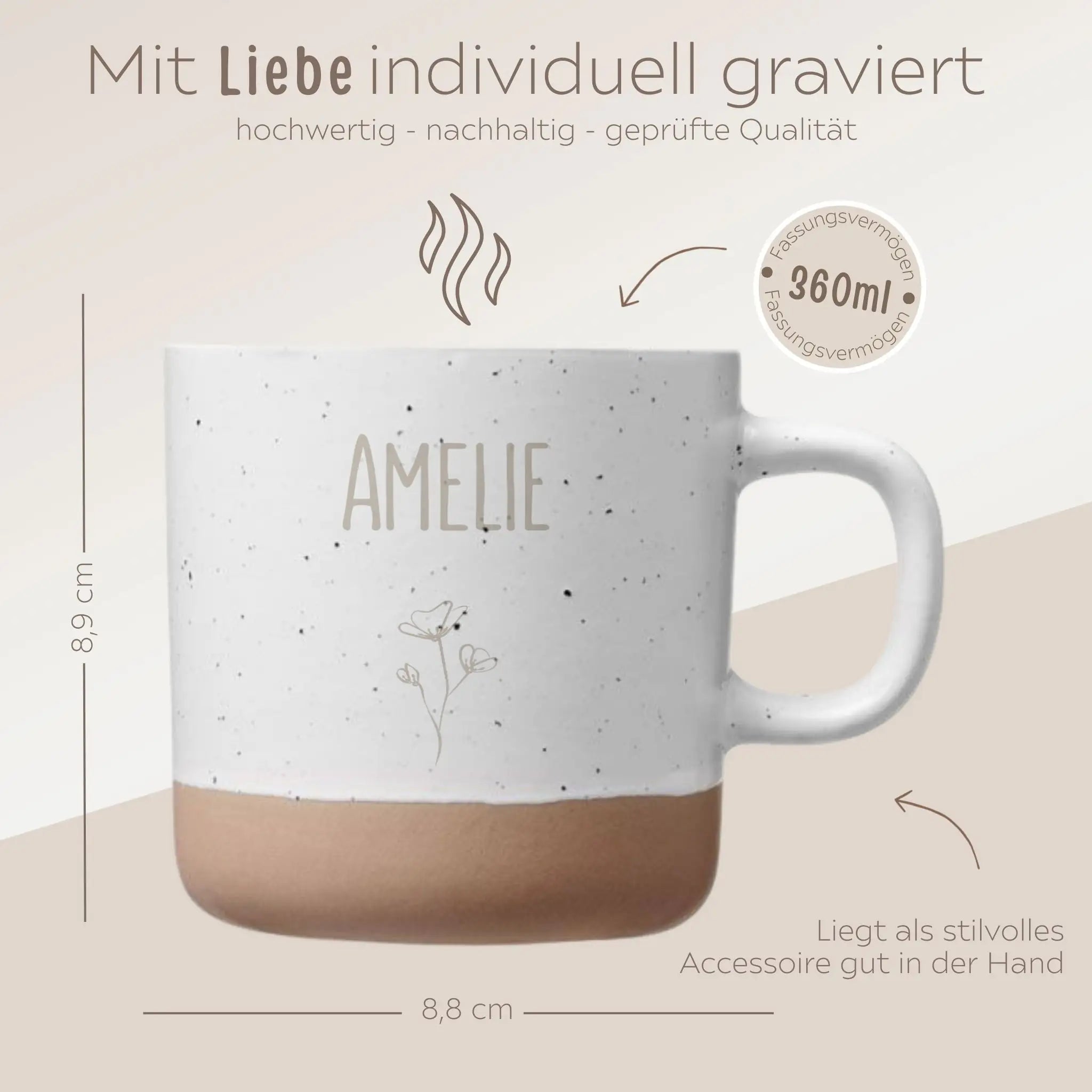 Keramikbecher Steingut - Name und Blume - wunderwunsch