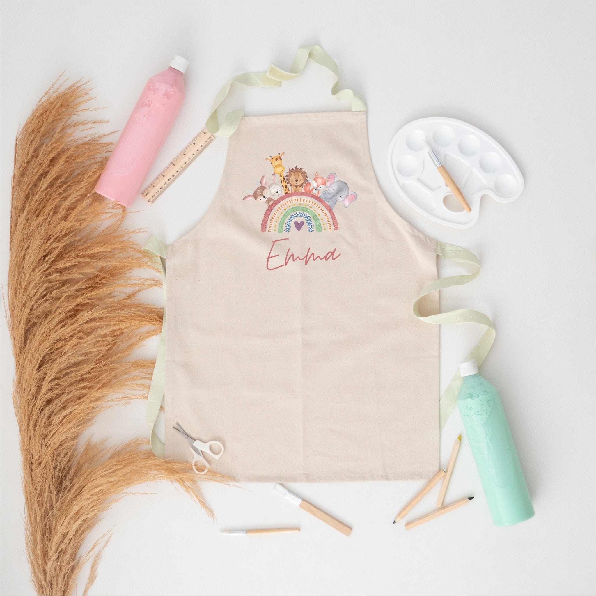 Kinder Schürze Pastell "Regenbogen Tiere" personalisiert - wunderwunsch
