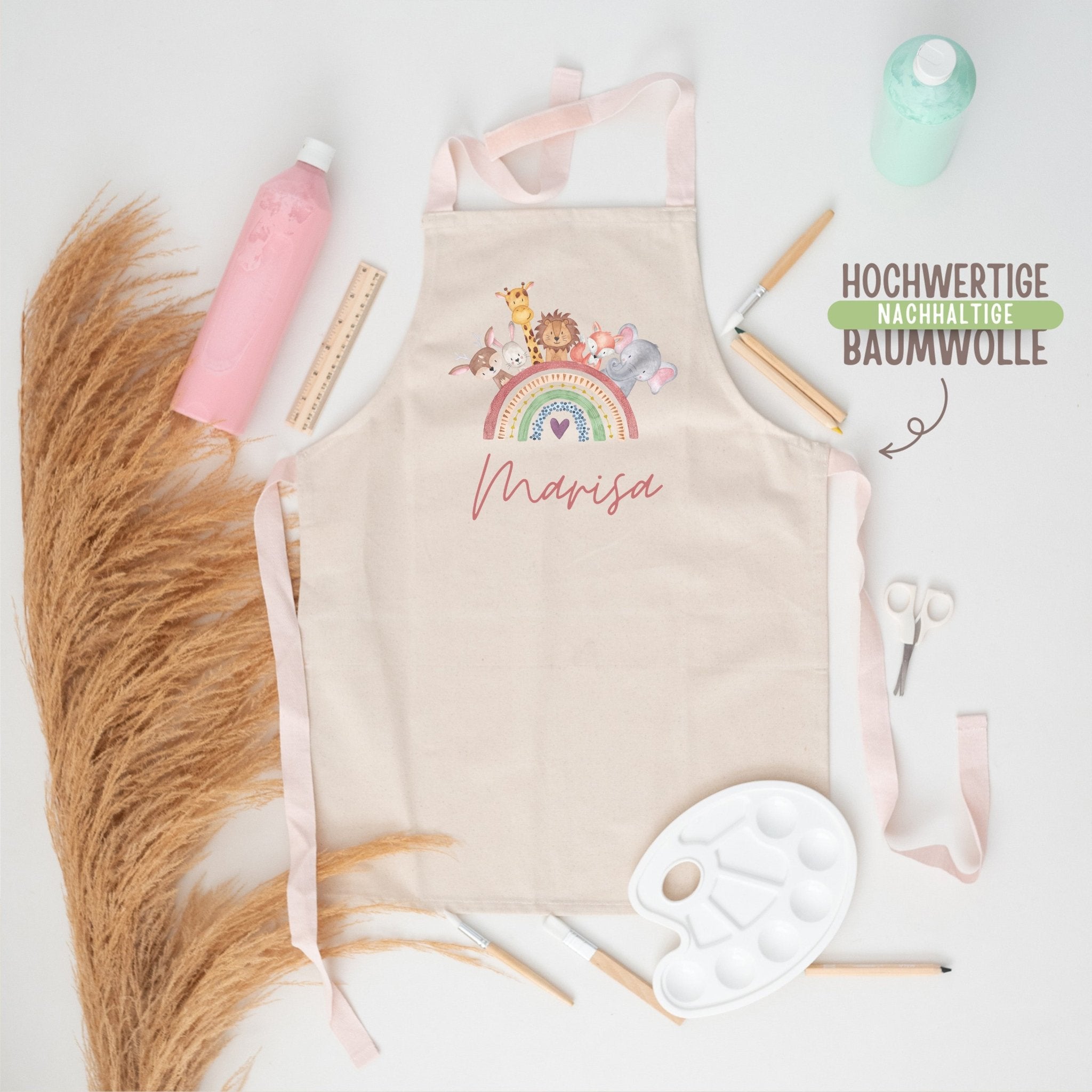 Kinder Schürze Pastell "Regenbogen Tiere" personalisiert - wunderwunsch